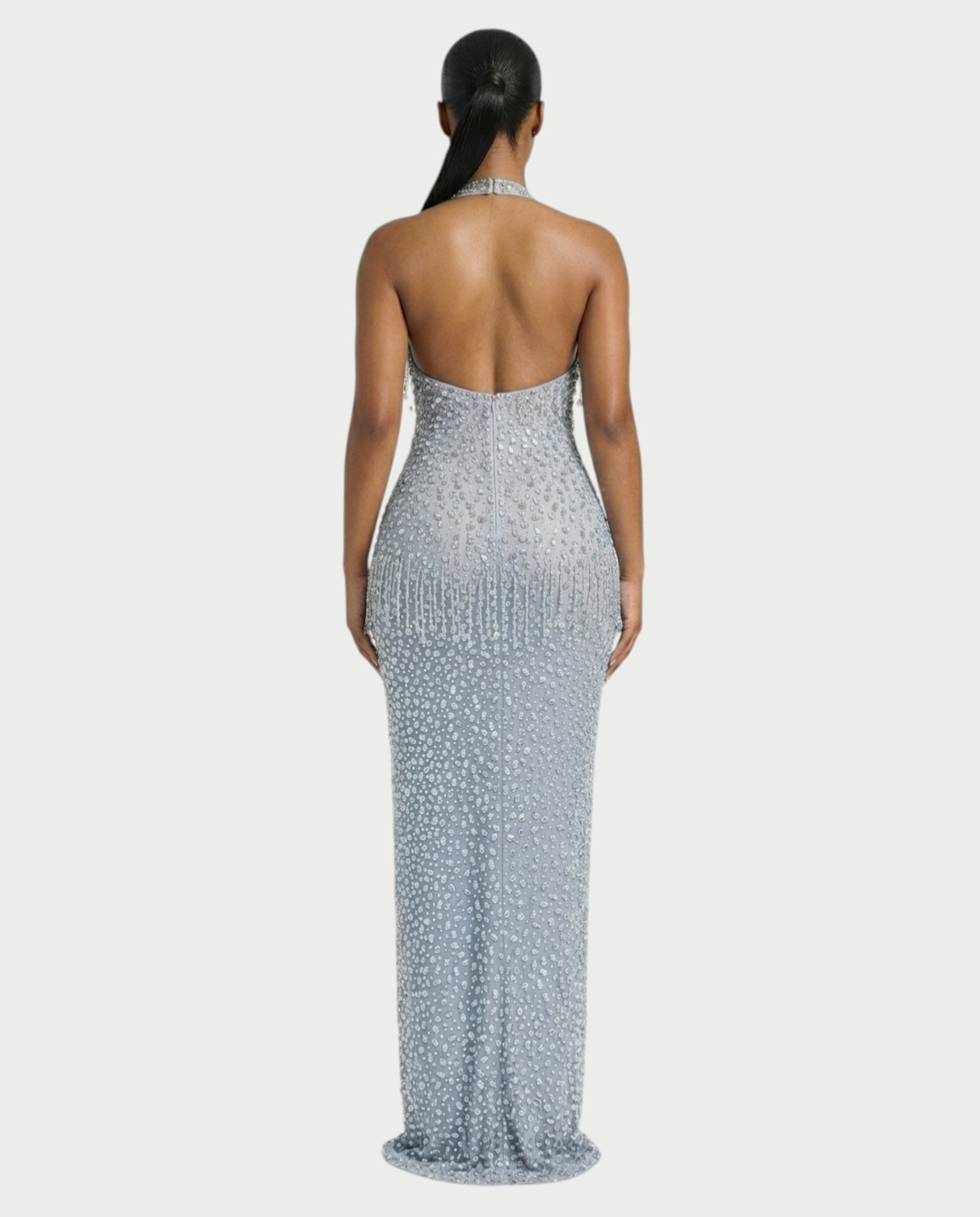 MYRIZ Rhinestone Halter Draped Tassel Maxi Dress