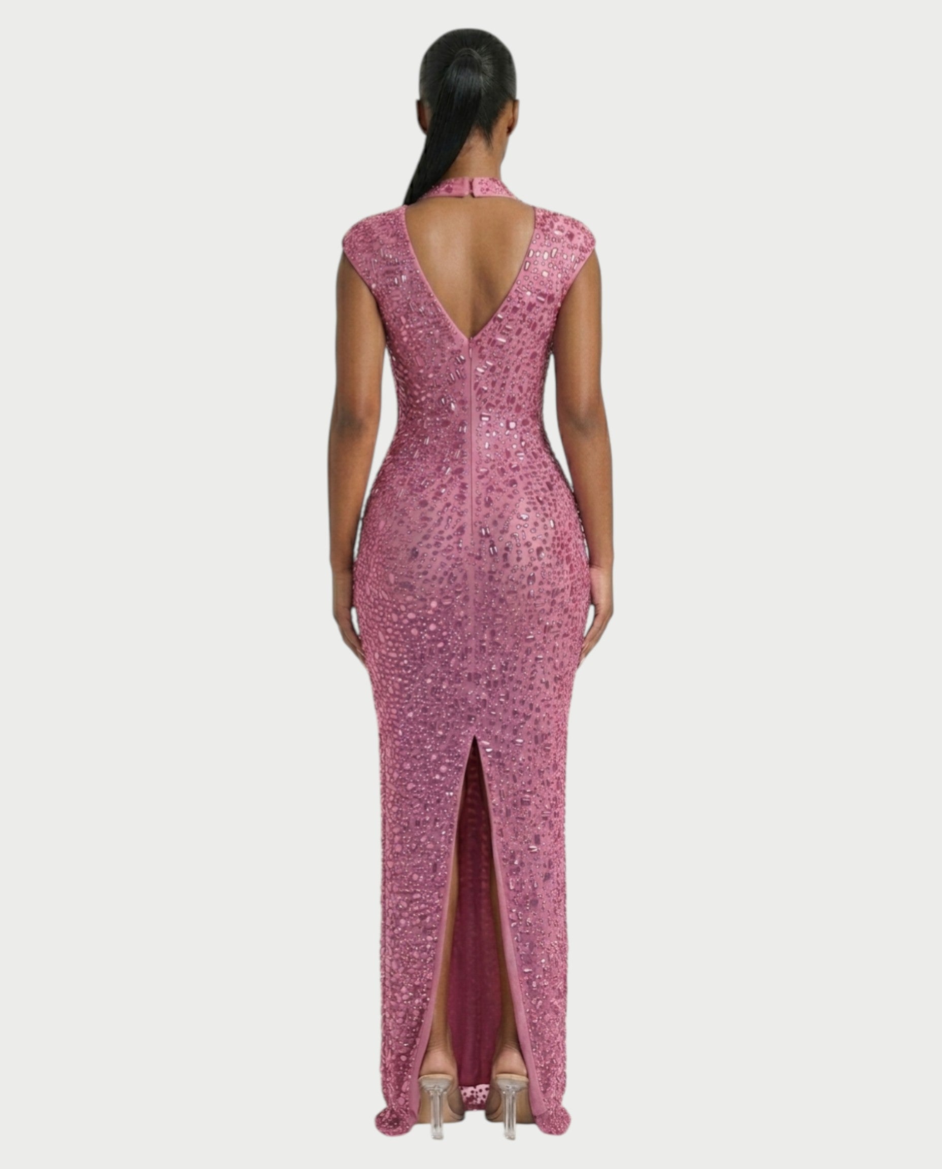 MORIA Crystal High-Neck Bodycon Maxi Dress