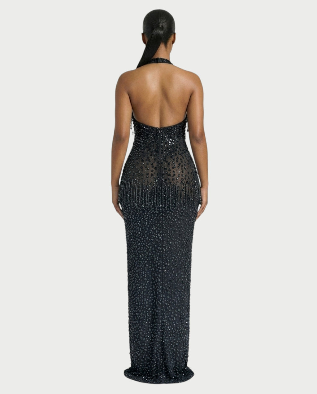 MYRIZ Rhinestone Halter Draped Tassel Maxi Dress