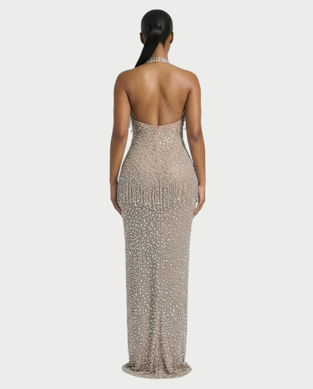 MYRIZ Rhinestone Halter Draped Tassel Maxi Dress