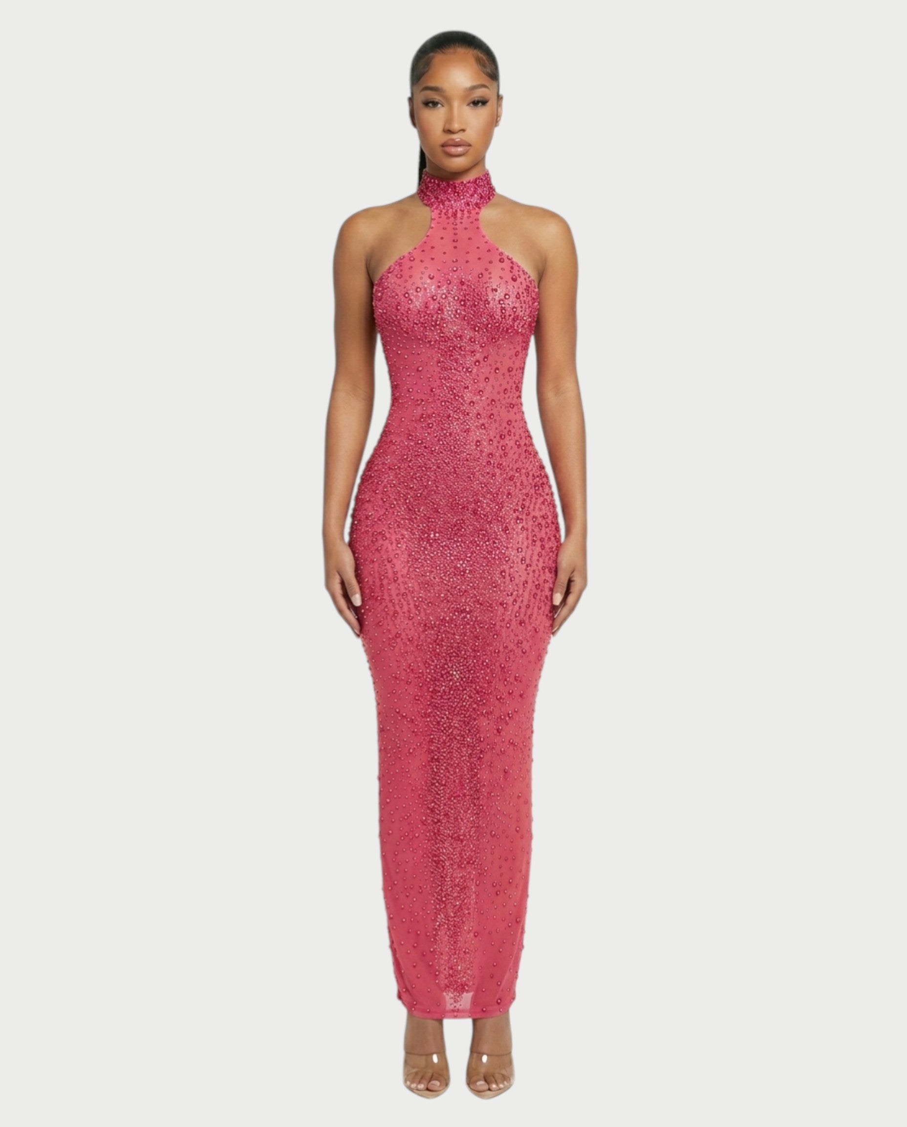 FUERA Rhinestone Mesh Bodycon Maxi Dress