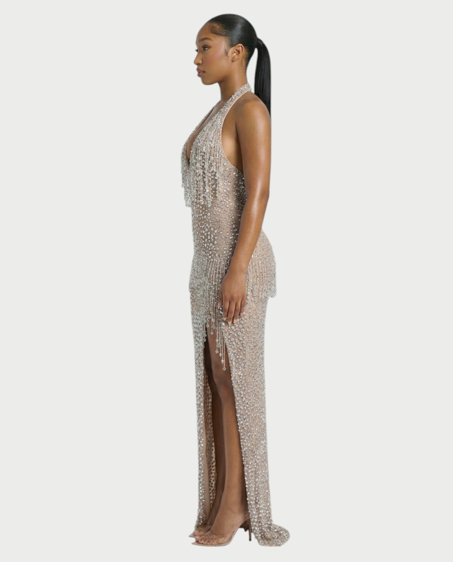 MYRIZ Rhinestone Halter Draped Tassel Maxi Dress
