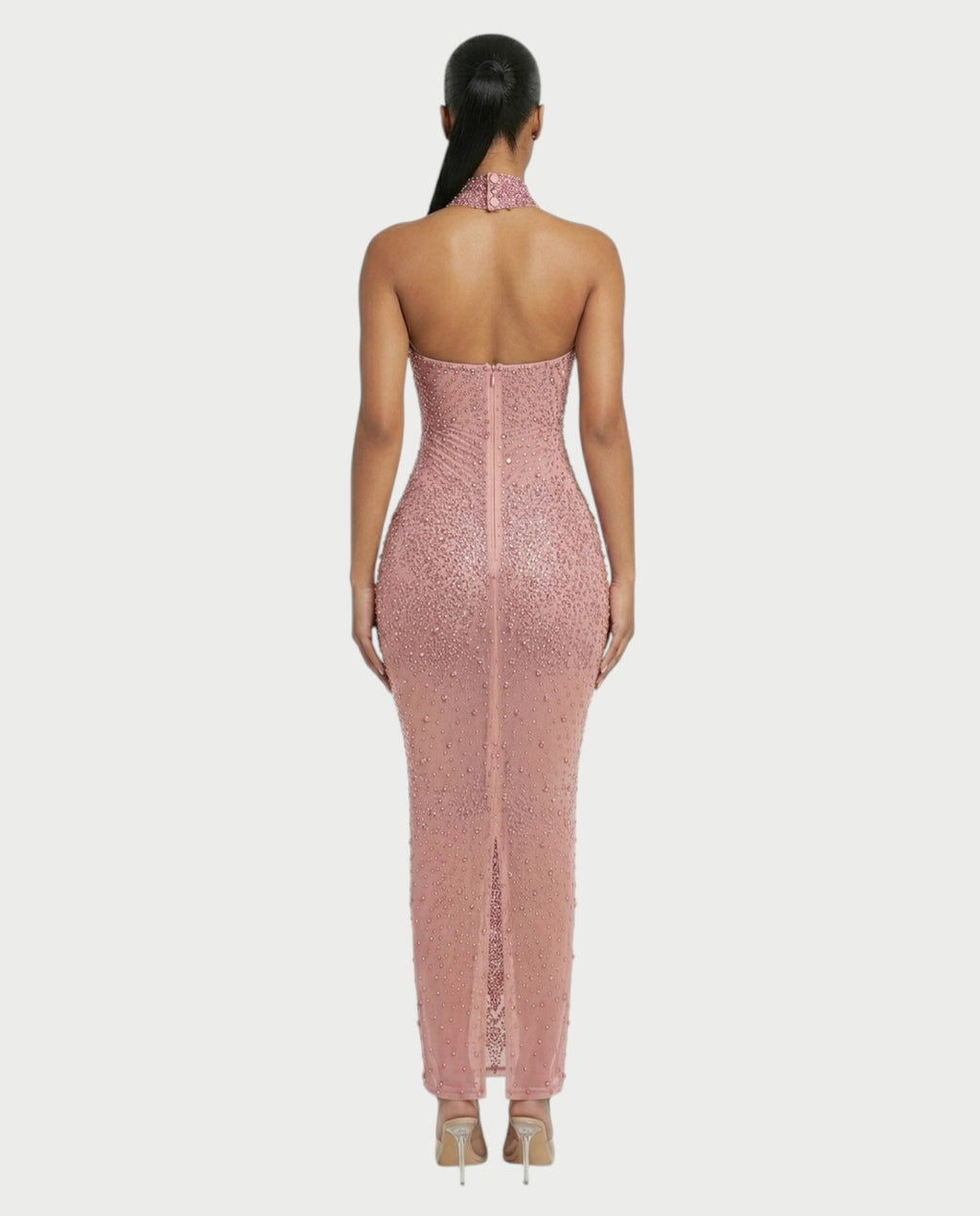 FUERA Rhinestone Mesh Bodycon Maxi Dress