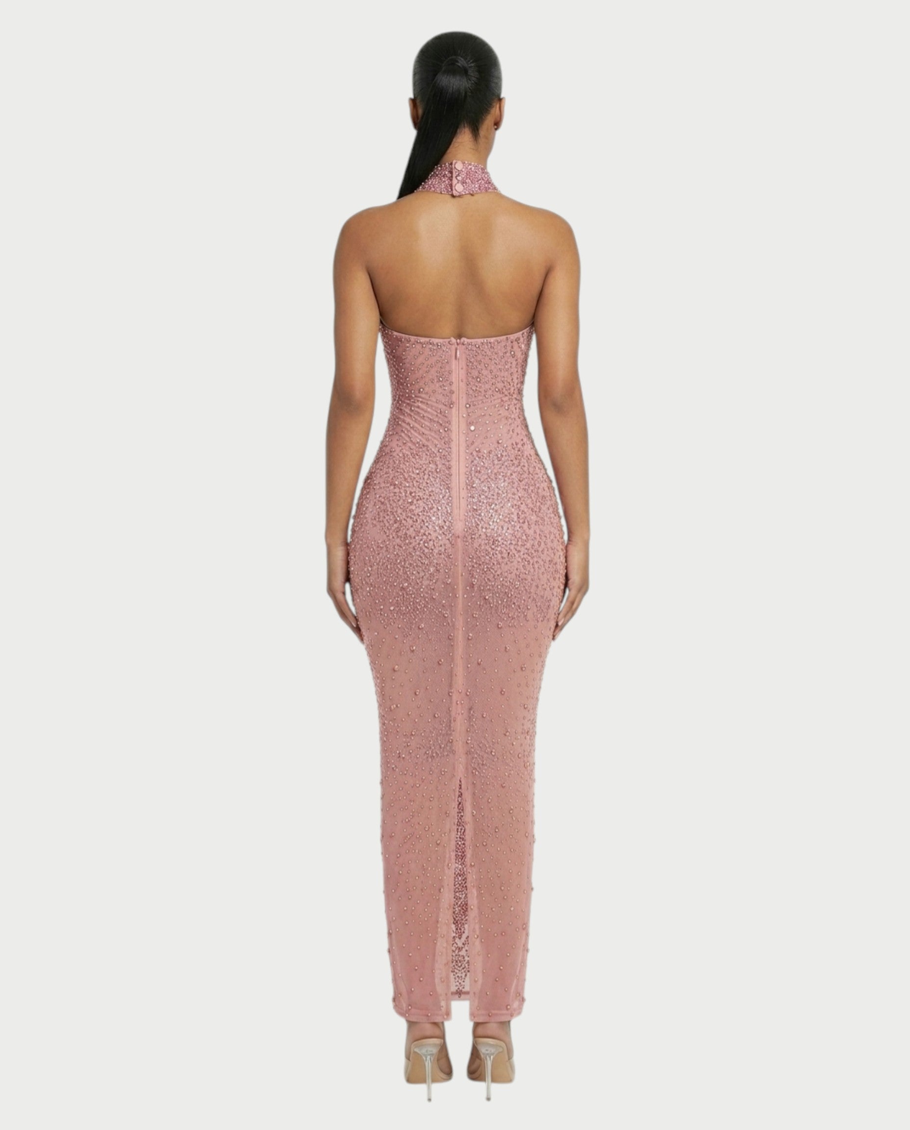 FUERA Rhinestone Mesh Bodycon Maxi Dress