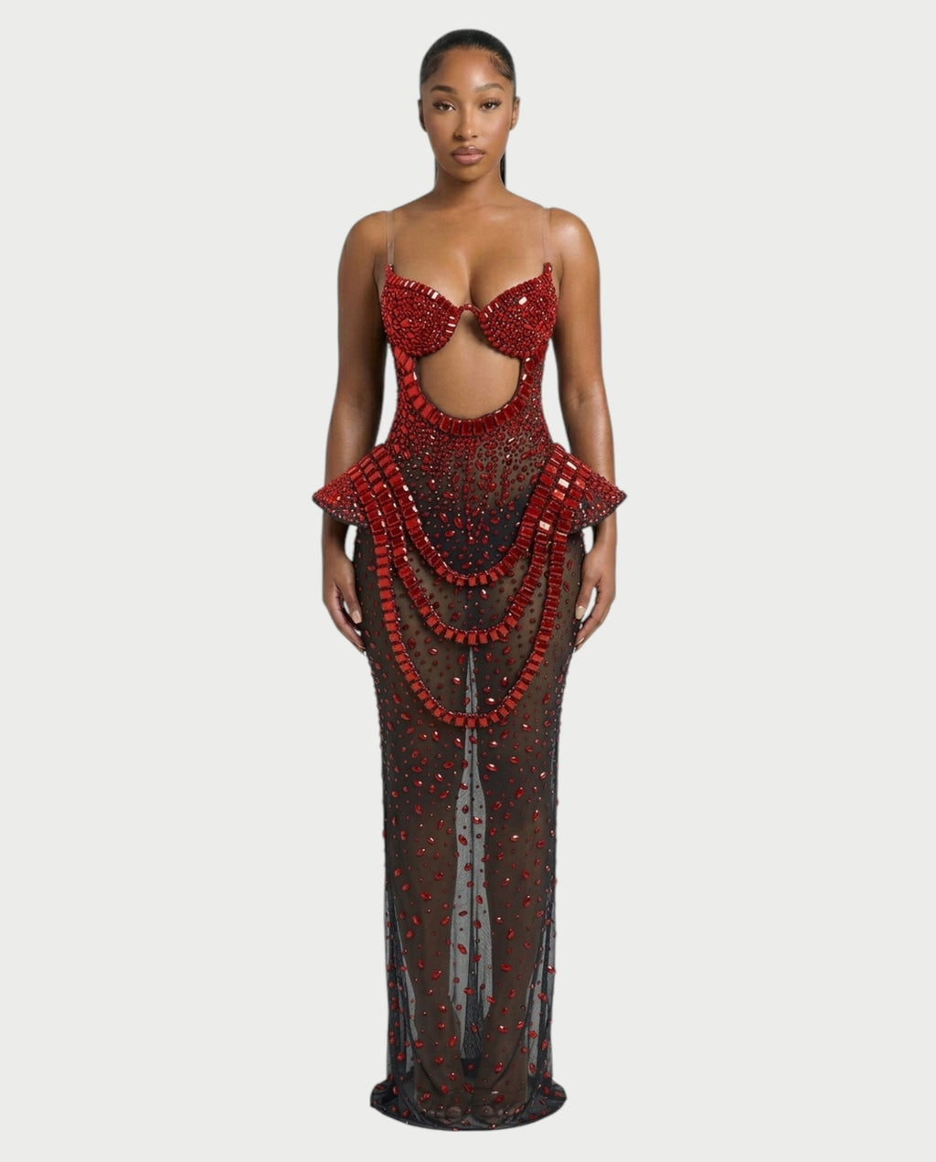 VREYS Crystal Studded Sheer Maxi Dress