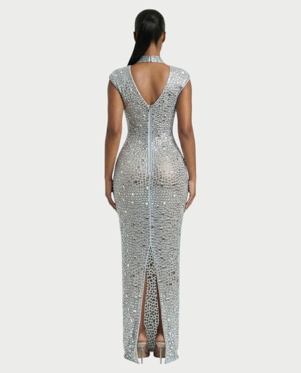 MORIA Crystal High-Neck Bodycon Maxi Dress