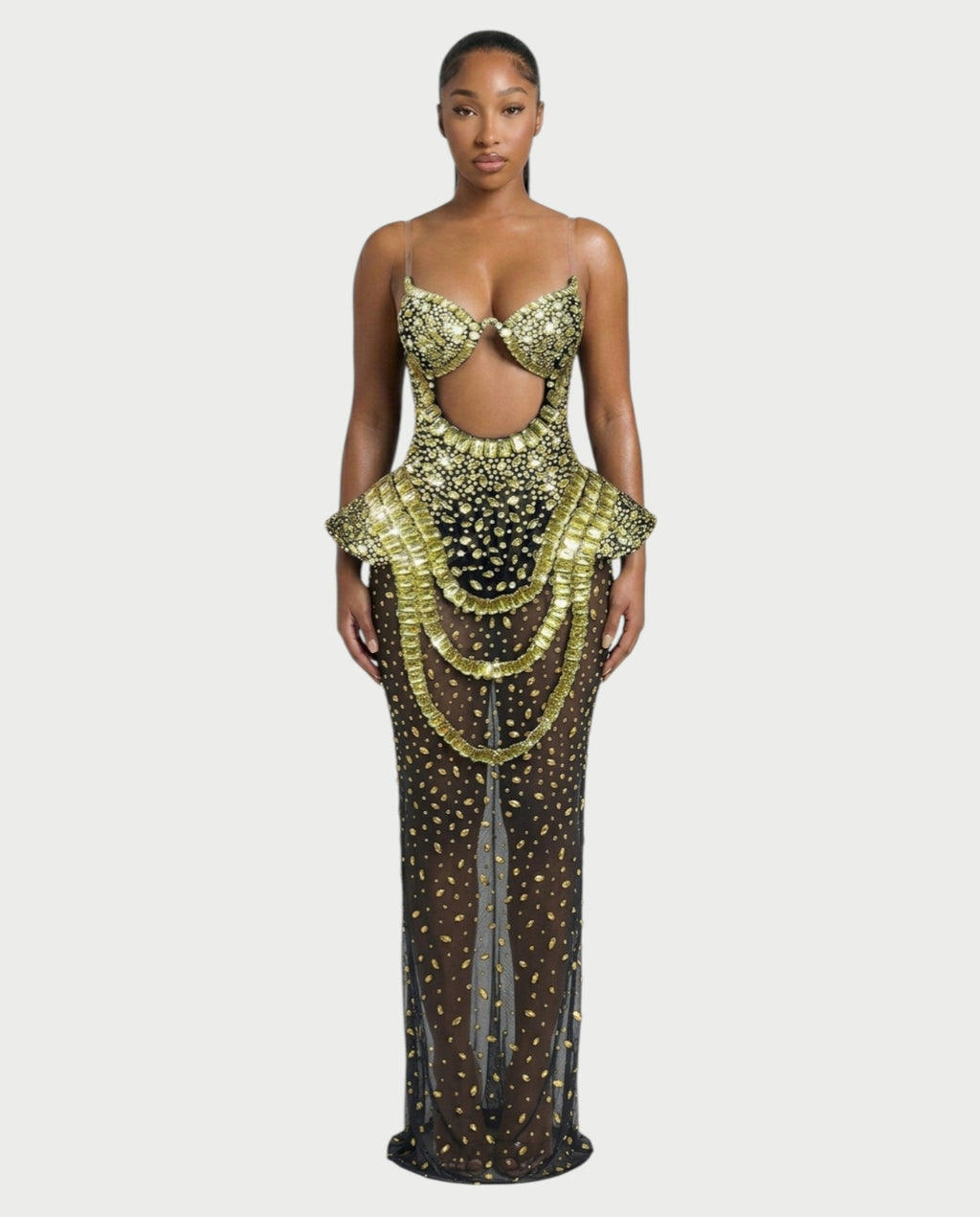 VREYS Crystal Studded Sheer Maxi Dress