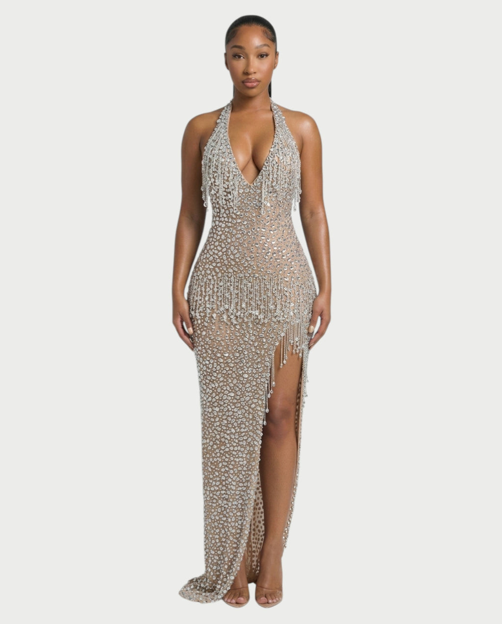 MYRIZ Rhinestone Halter Draped Tassel Maxi Dress