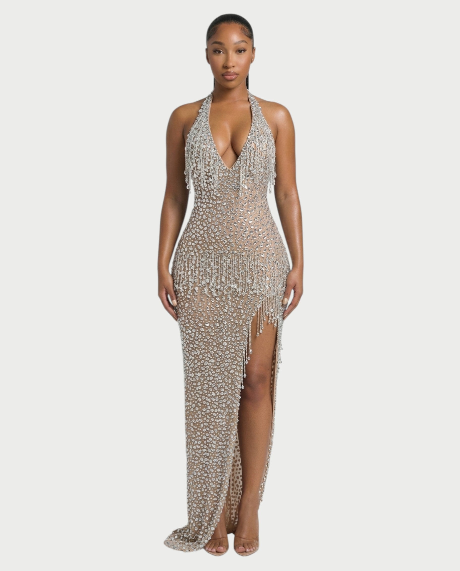MYRIZ Rhinestone Halter Draped Tassel Maxi Dress
