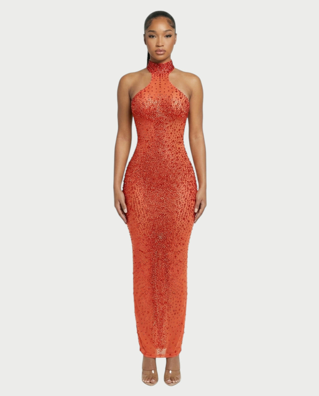 FUERA Rhinestone Mesh Bodycon Maxi Dress