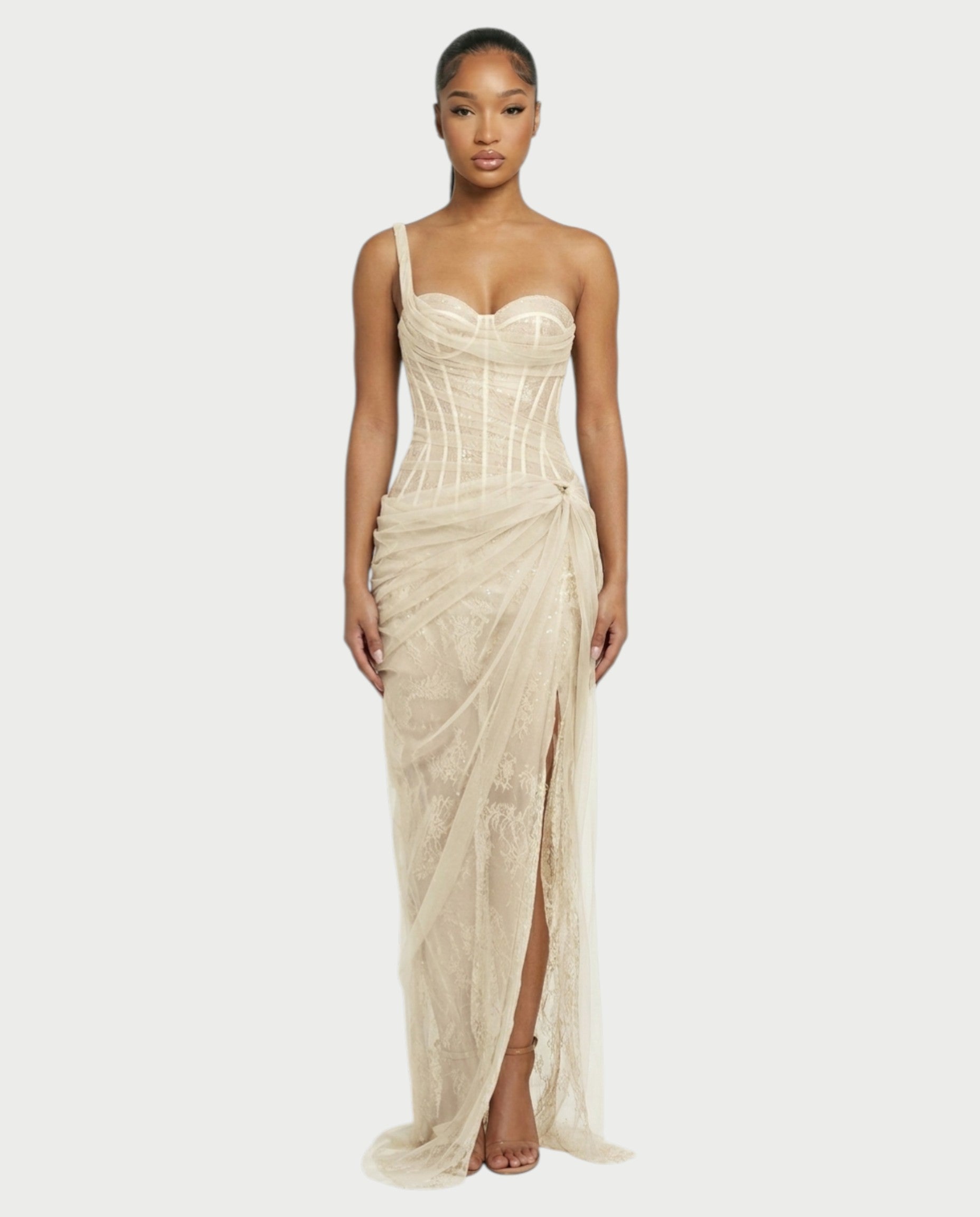 RINA One-Shoulder Lace Corset Maxi Dress