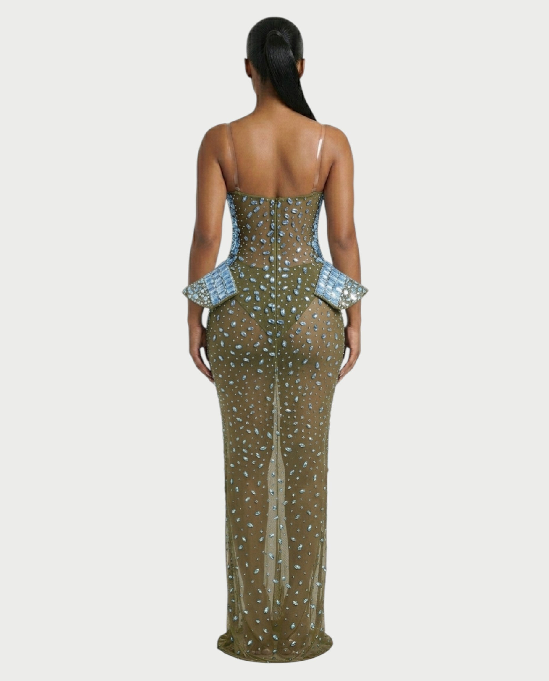 VREYS Crystal Studded Sheer Maxi Dress