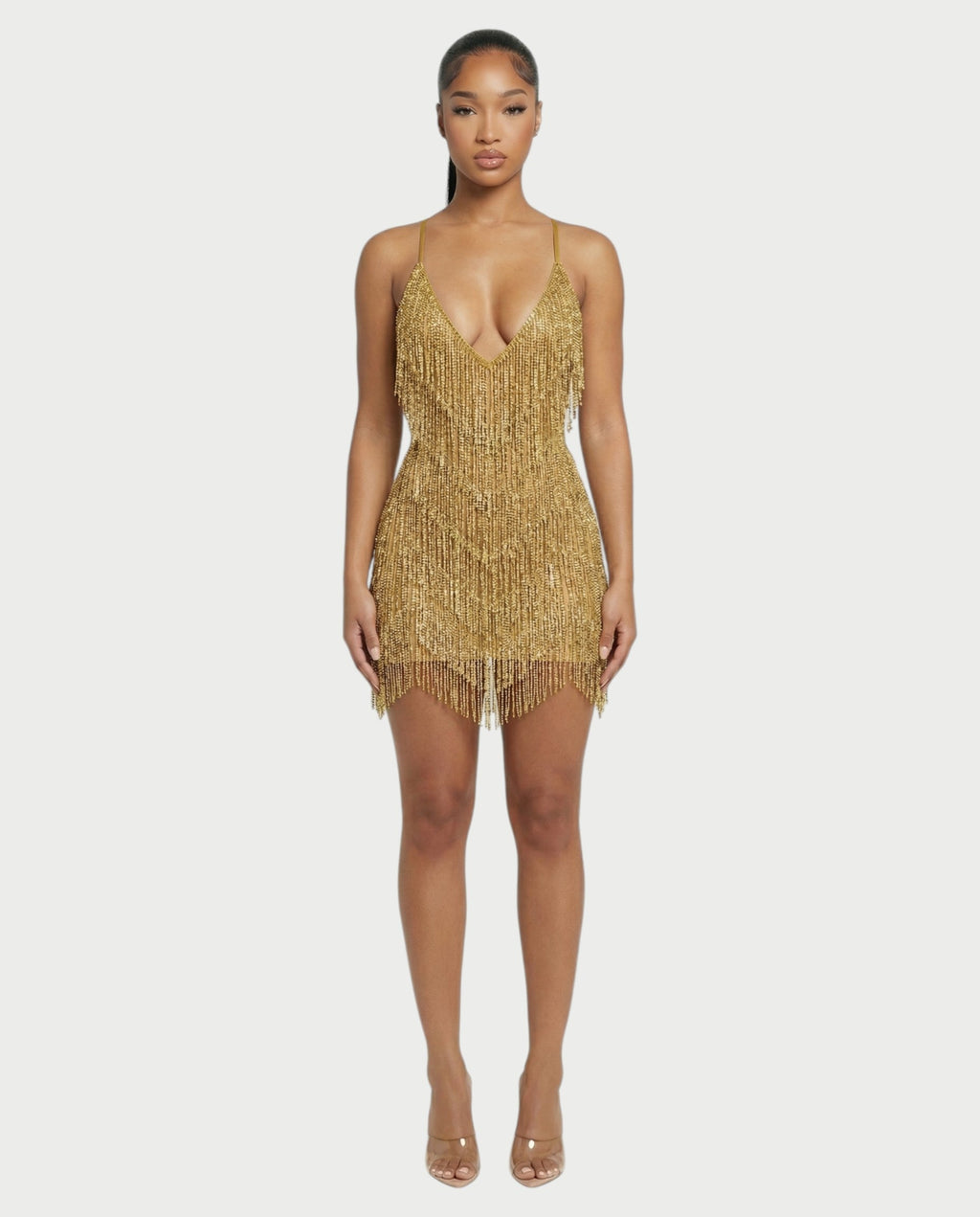 KRISSE Backless Crystal Diamond Tassel Mini Dress