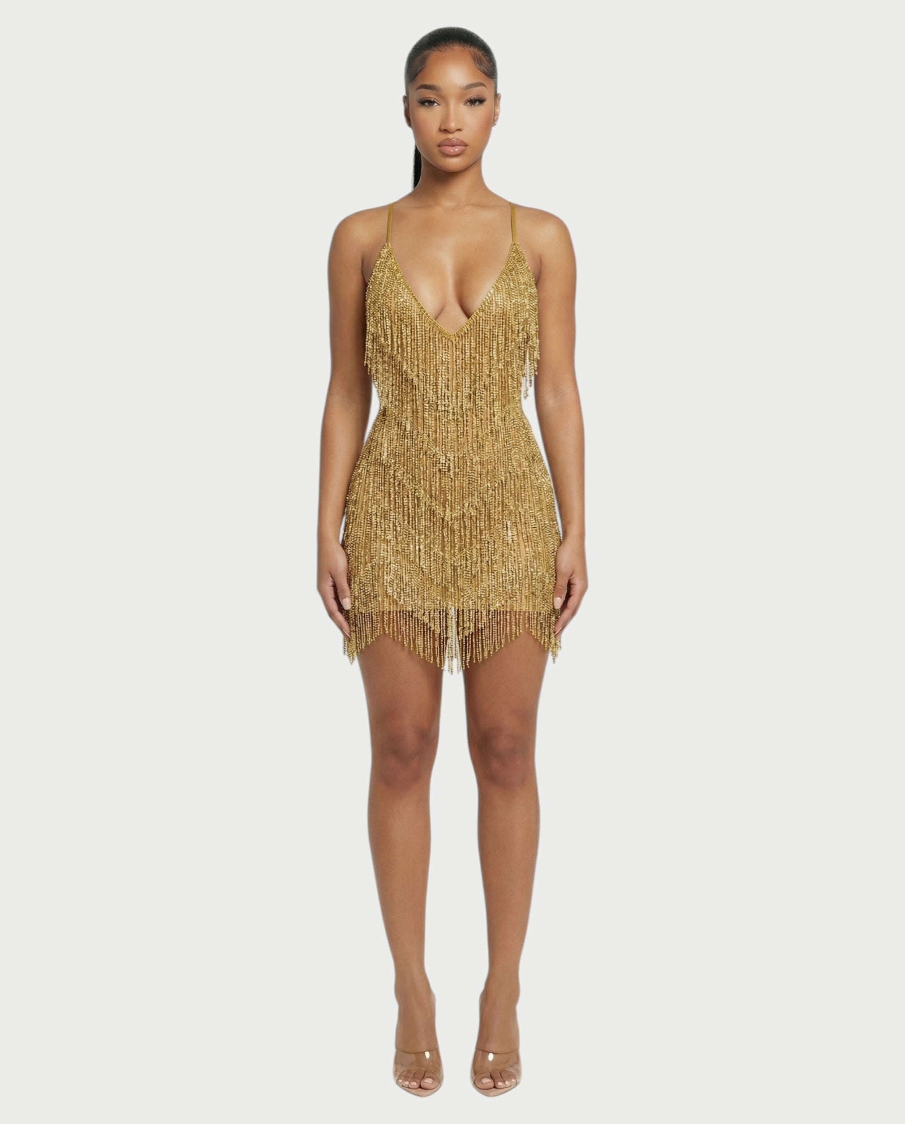 KRISSE Backless Crystal Diamond Tassel Mini Dress