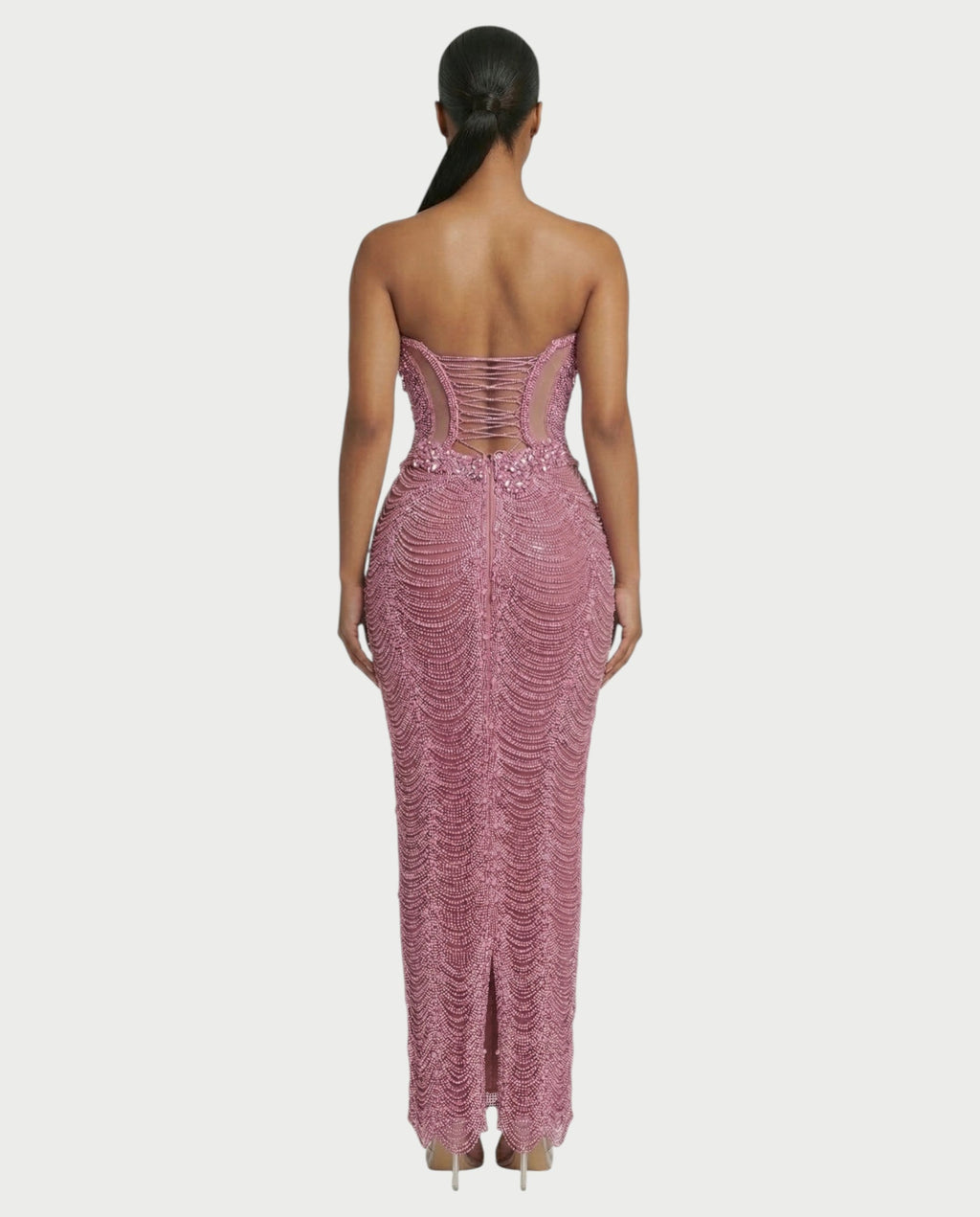 LORIN Crystal Chain Lace-Up Back Maxi Dress