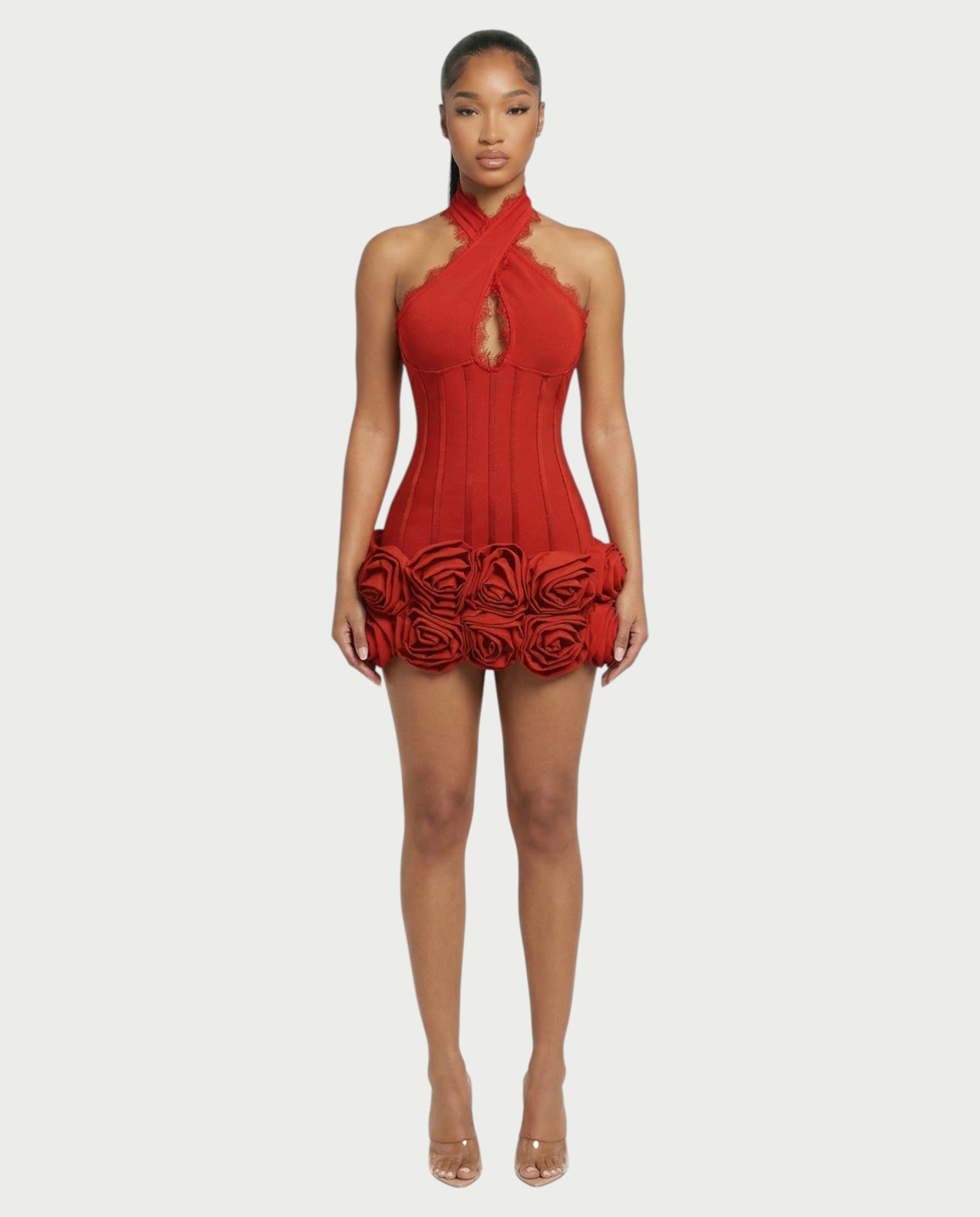 HASELY Rose Appliqué Halter Corset Mini Dress