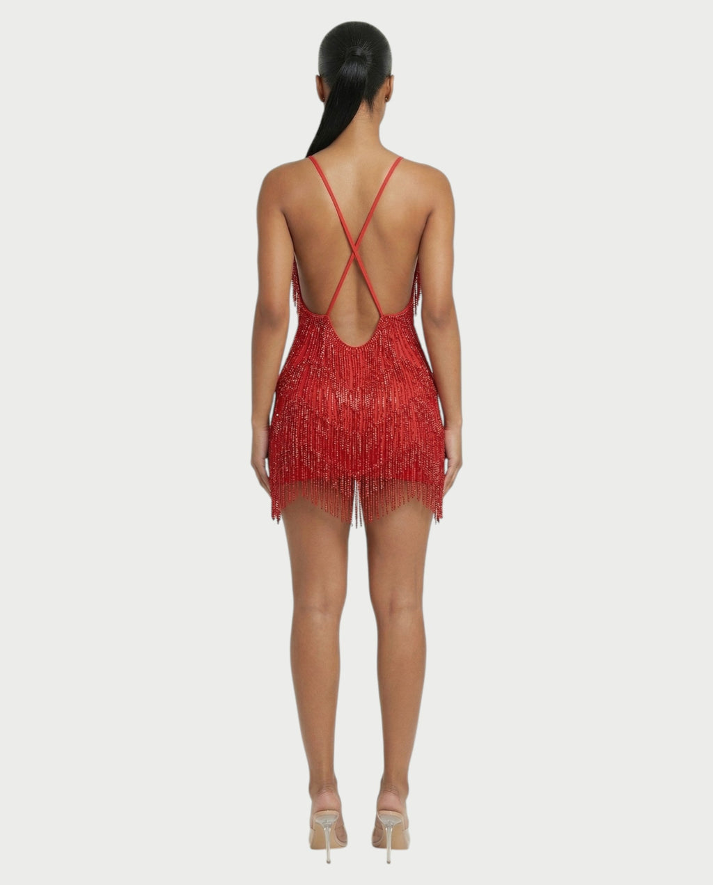 KRISSE Backless Crystal Diamond Tassel Mini Dress