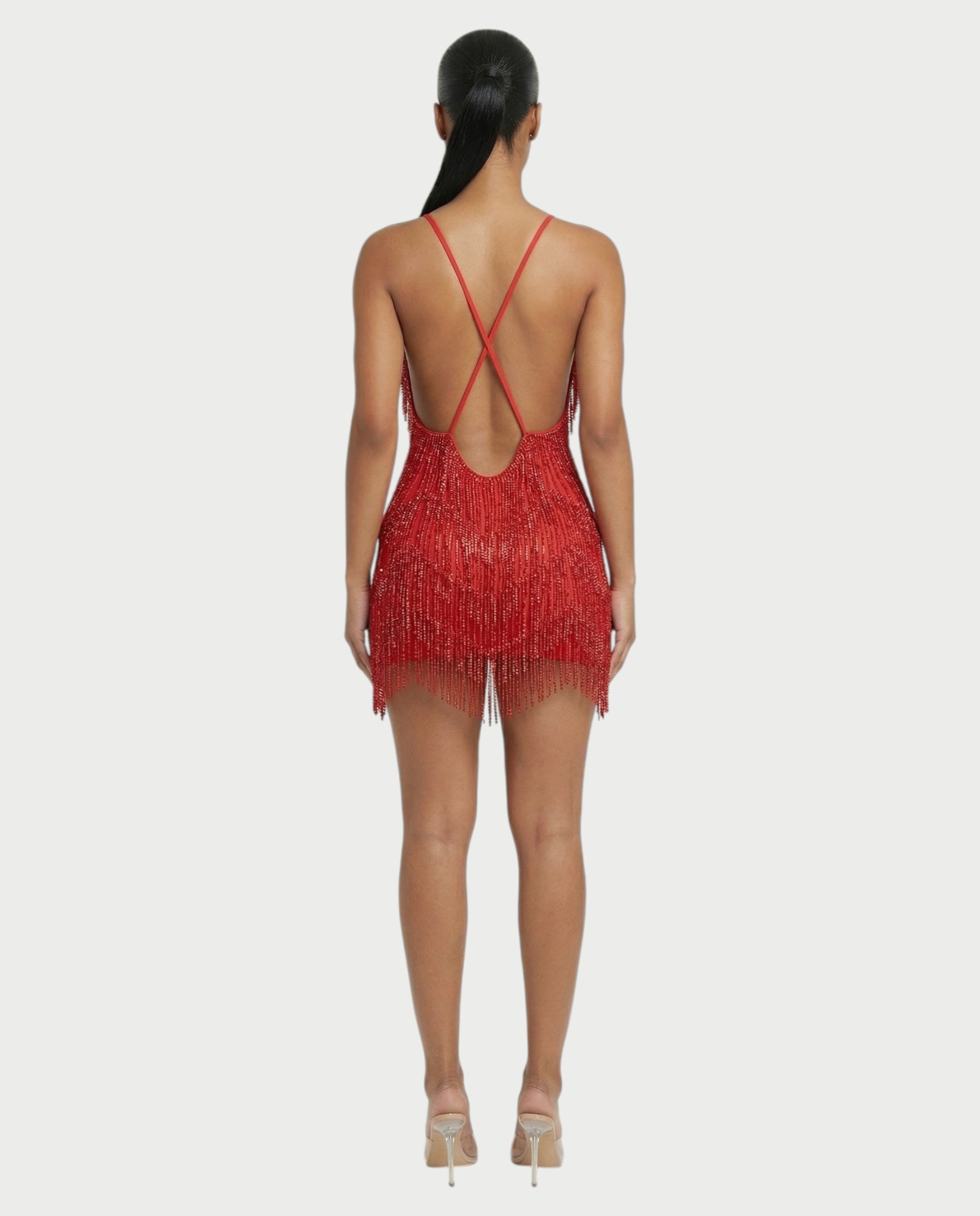 KRISSE Backless Crystal Diamond Tassel Mini Dress