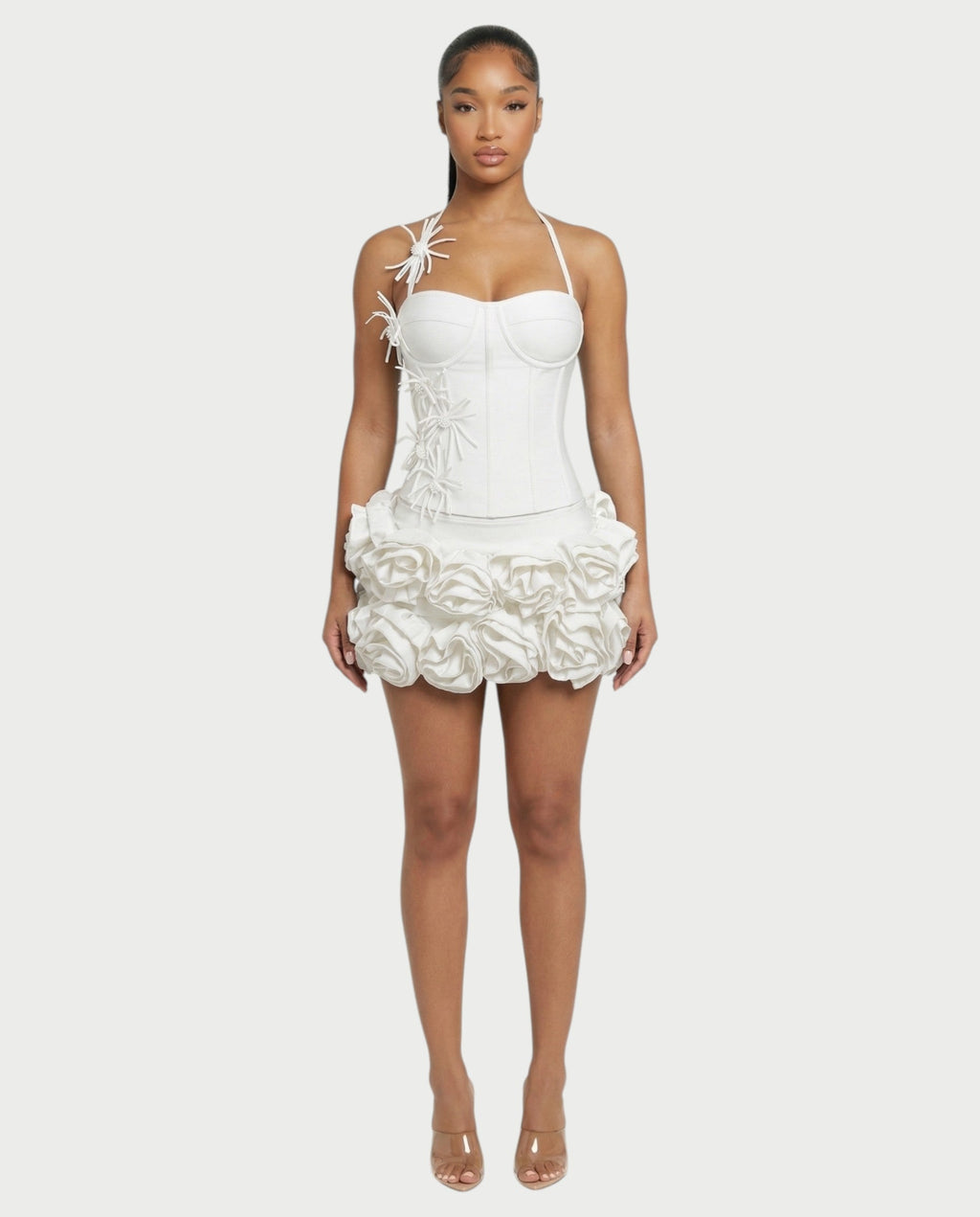 STUCY Floral Appliqué Corset & Mini Skirt Set