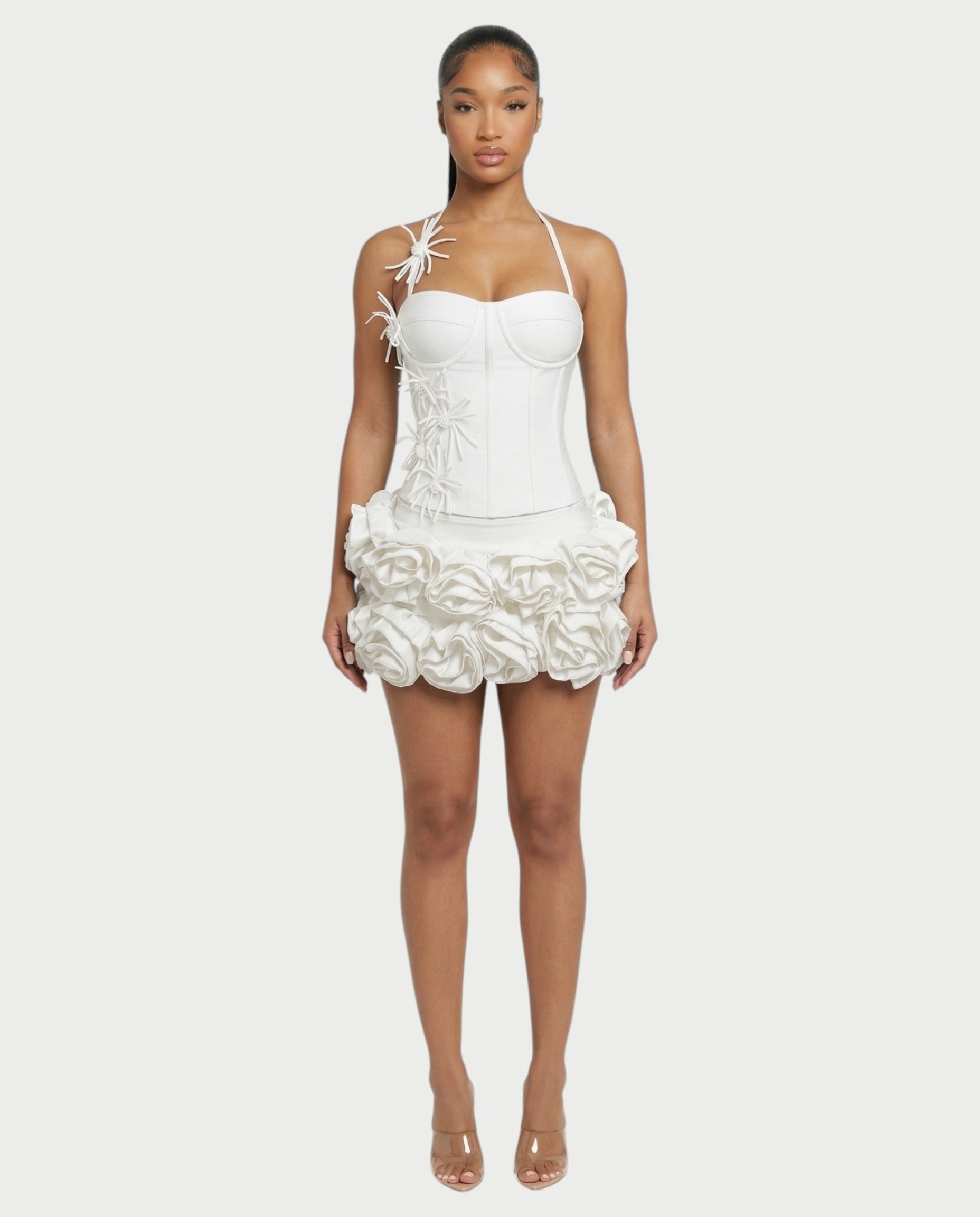 STUCY Floral Appliqué Corset & Mini Skirt Set