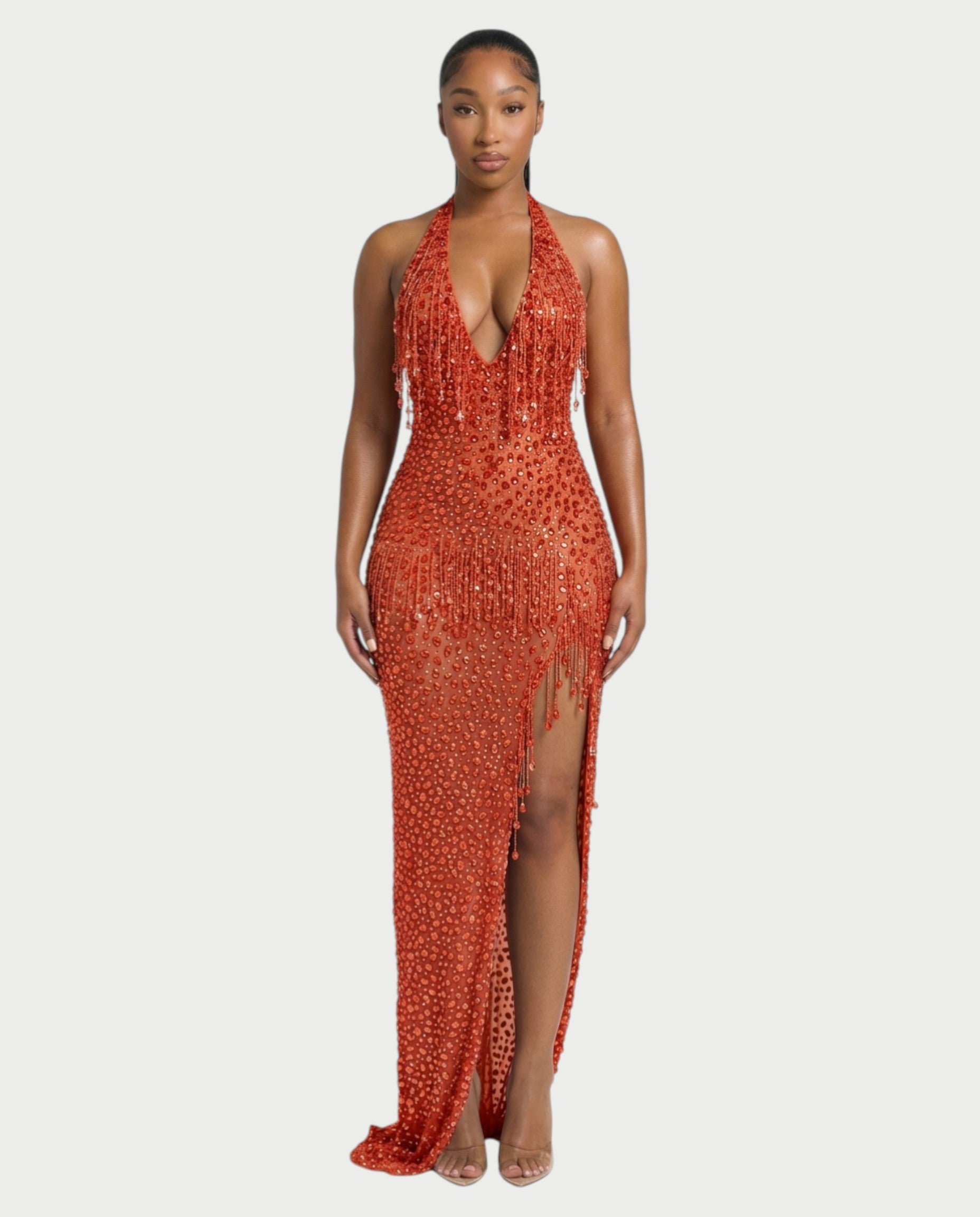 MYRIZ Rhinestone Halter Draped Tassel Maxi Dress