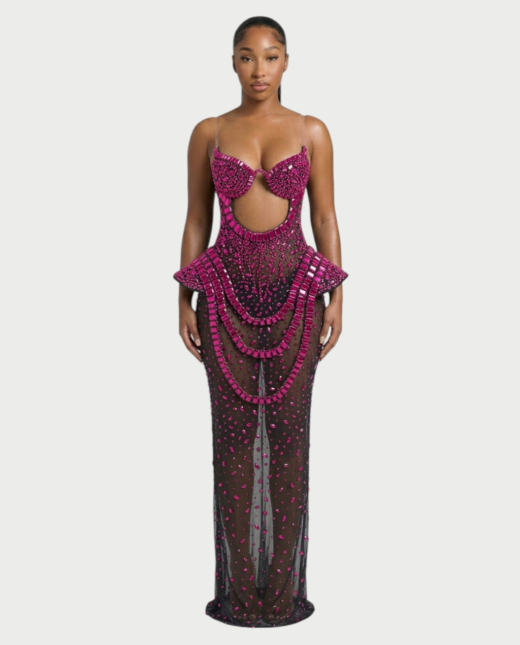 VREYS Crystal Studded Sheer Maxi Dress