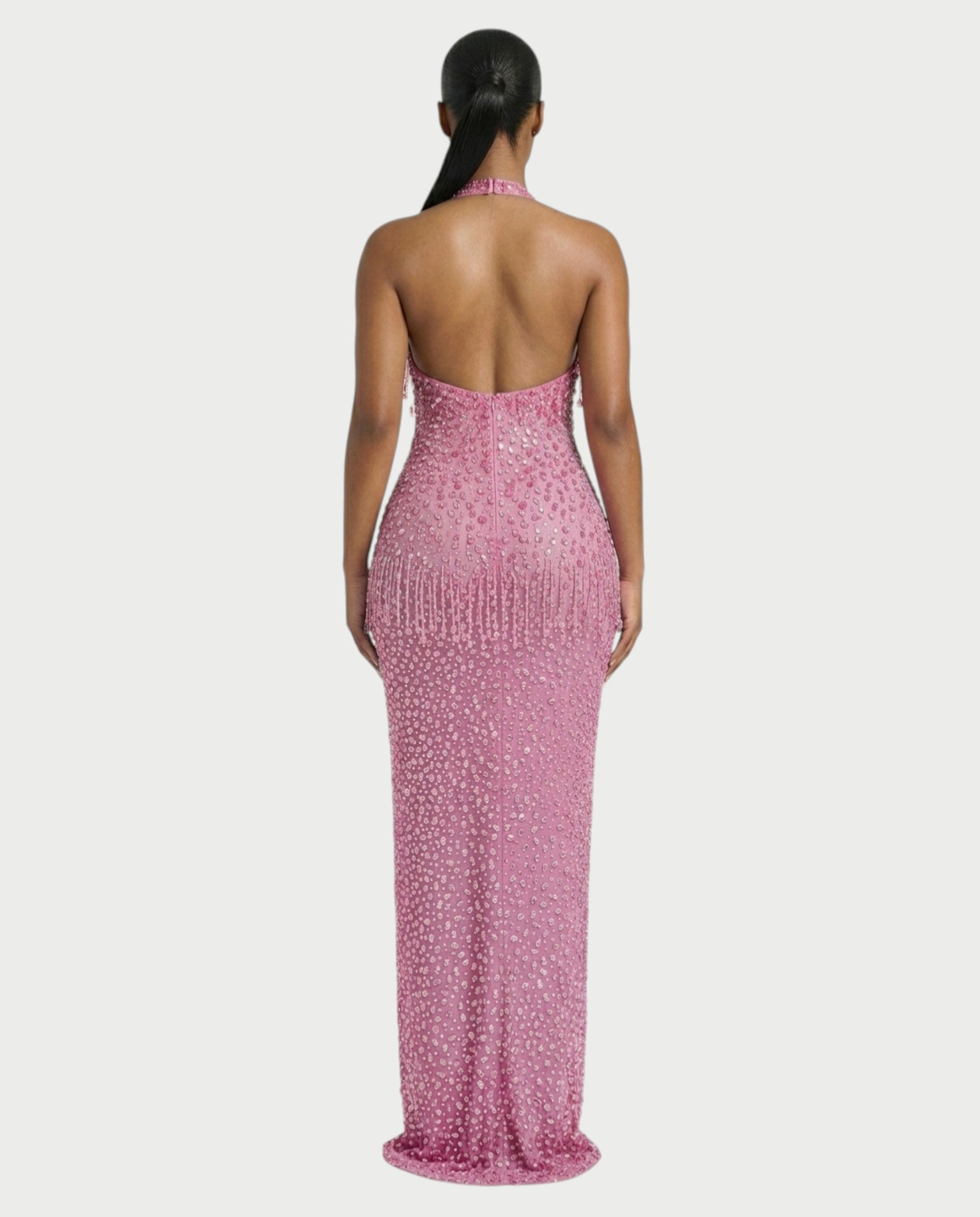 MYRIZ Rhinestone Halter Draped Tassel Maxi Dress