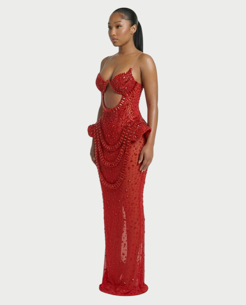 VREYS Crystal Studded Sheer Maxi Dress