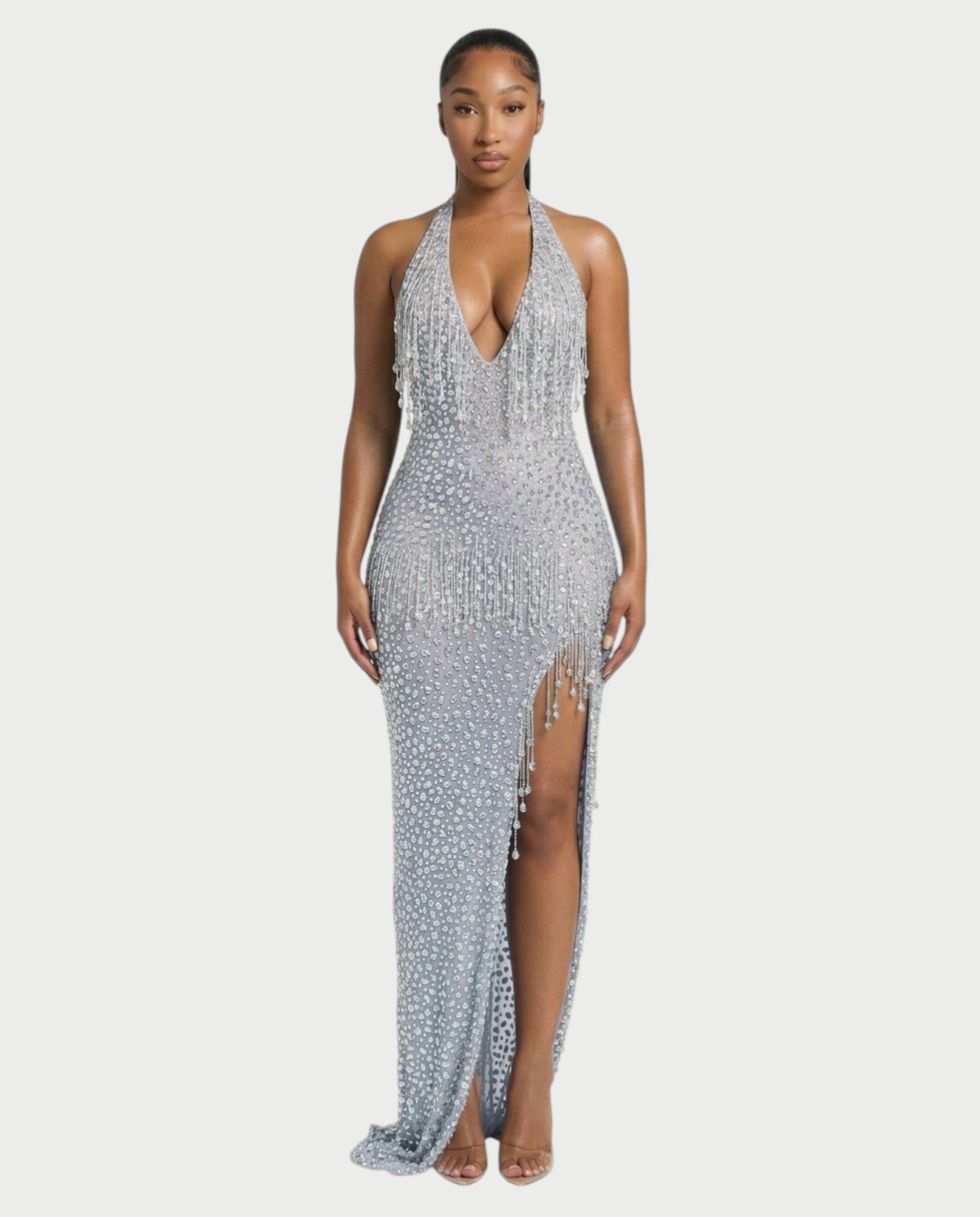 MYRIZ Rhinestone Halter Draped Tassel Maxi Dress