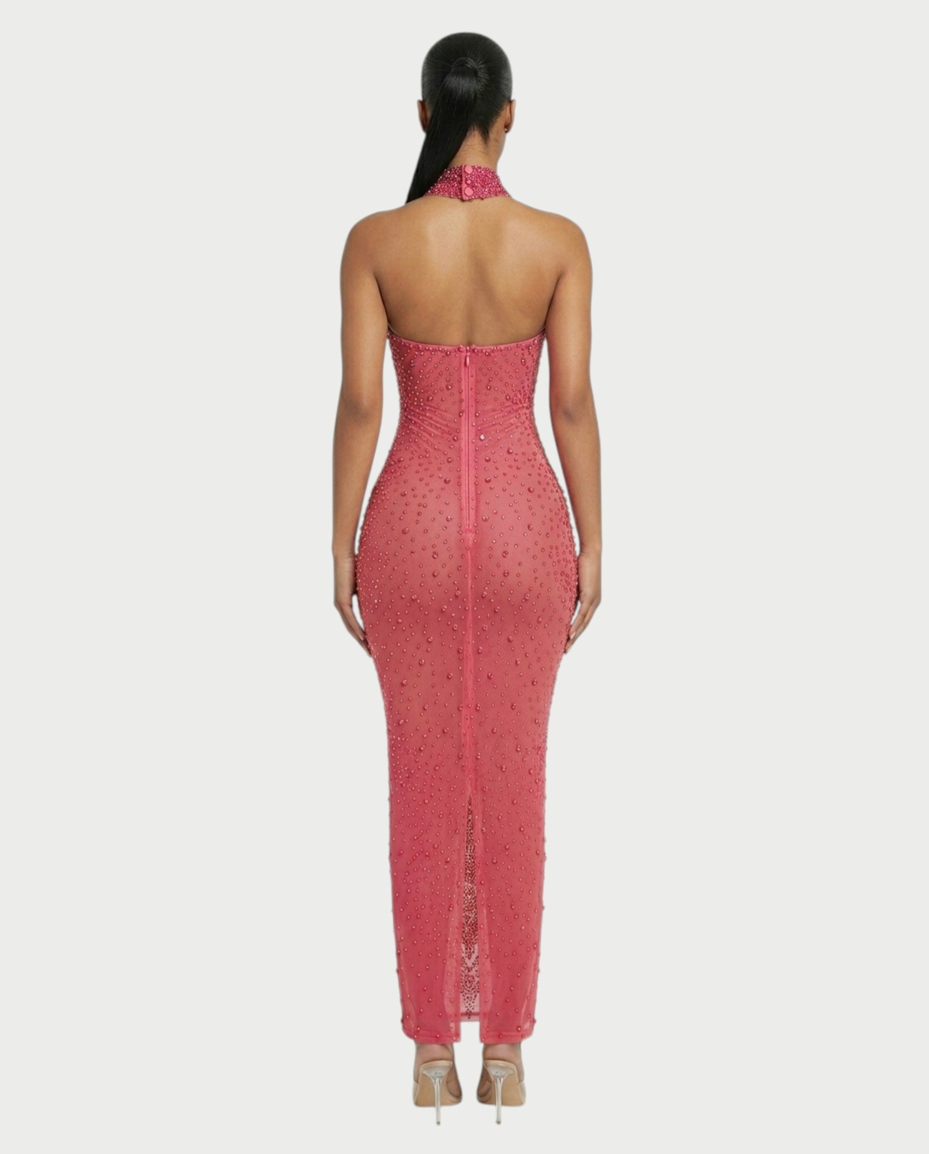 FUERA Rhinestone Mesh Bodycon Maxi Dress