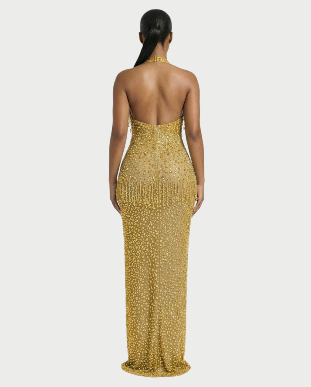 MYRIZ Rhinestone Halter Draped Tassel Maxi Dress