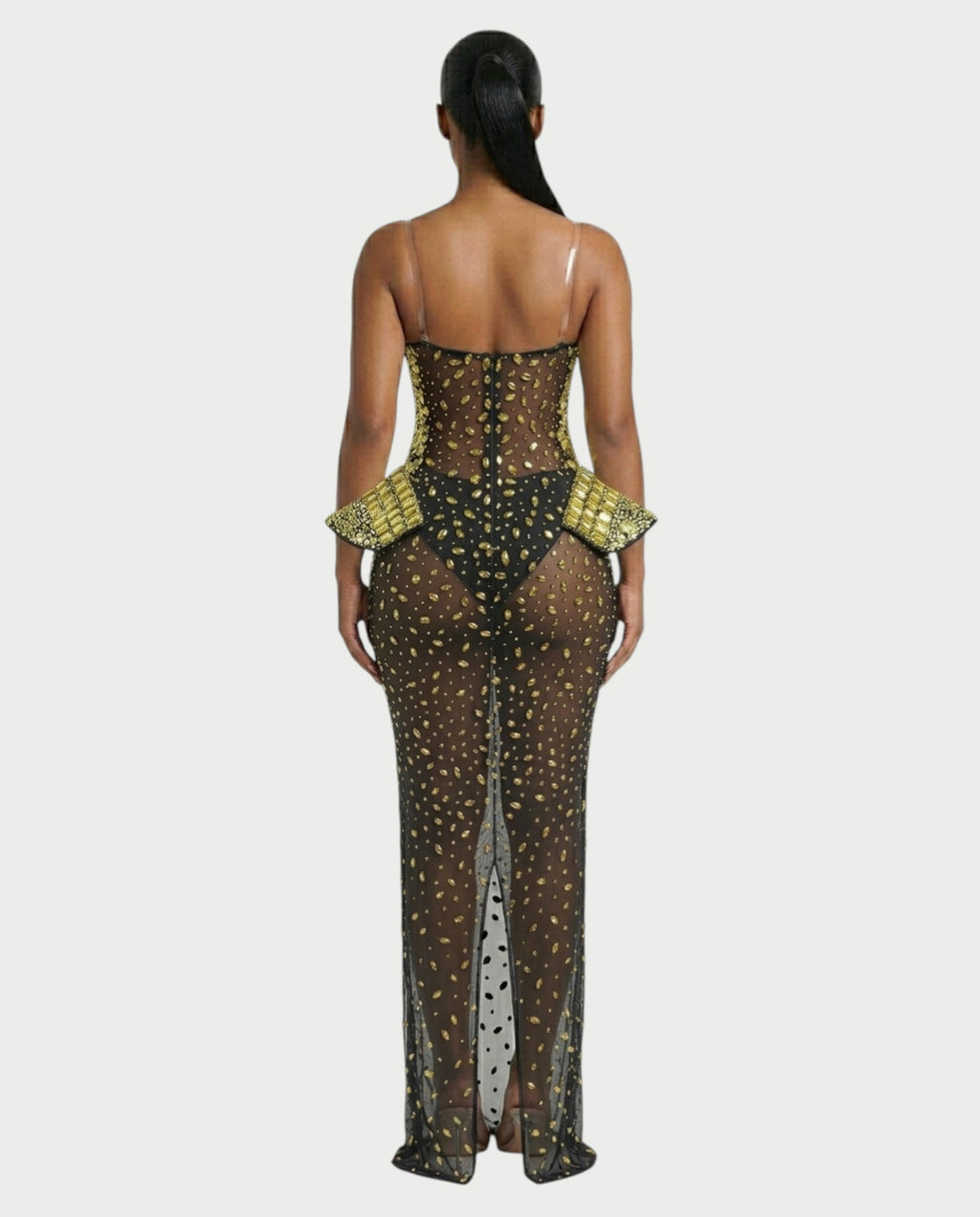 VREYS Crystal Studded Sheer Maxi Dress