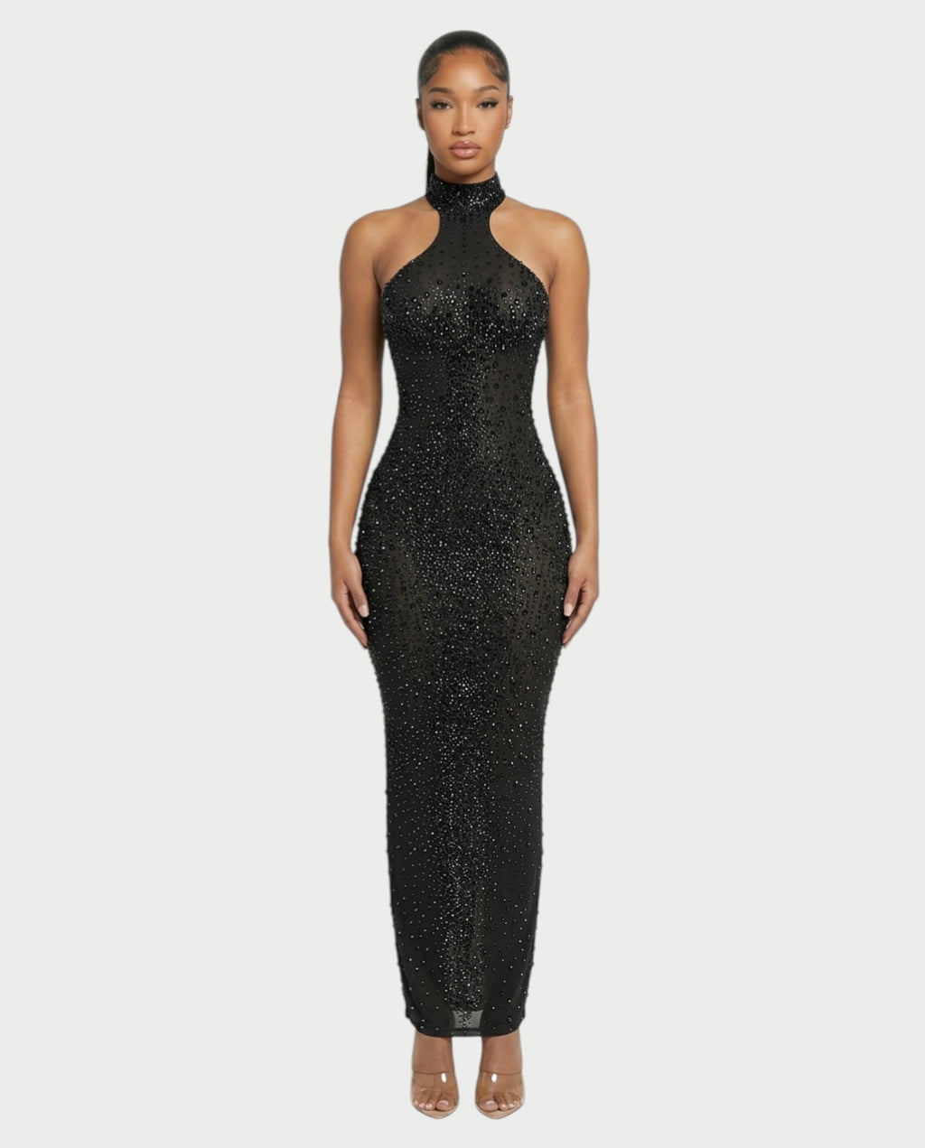 FUERA Rhinestone Mesh Bodycon Maxi Dress
