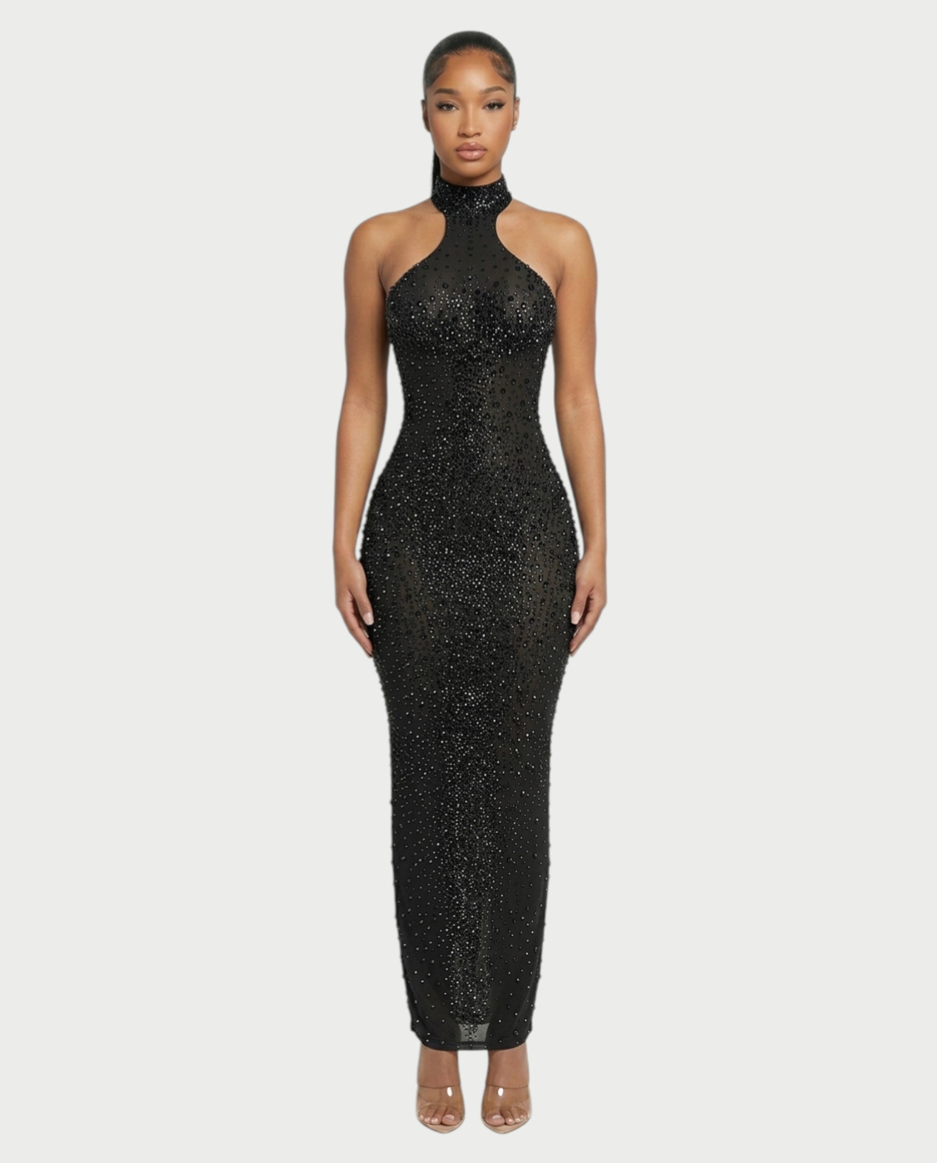FUERA Rhinestone Mesh Bodycon Maxi Dress