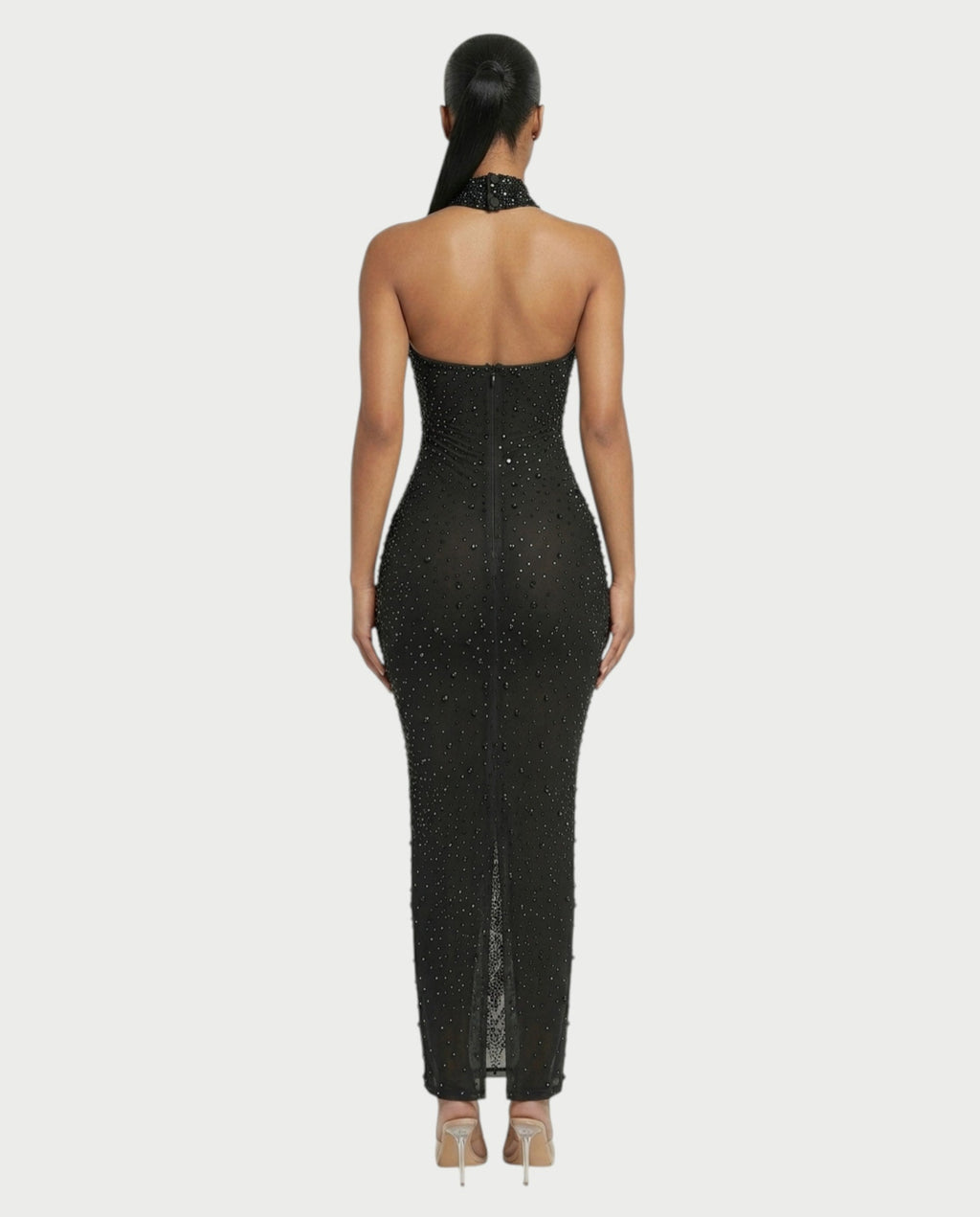 FUERA Rhinestone Mesh Bodycon Maxi Dress