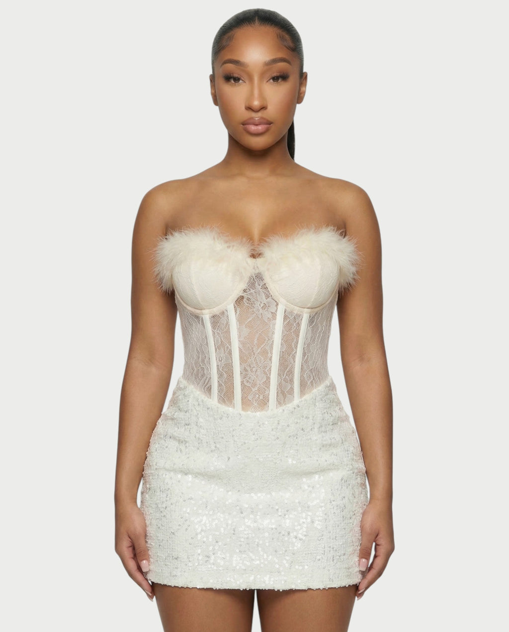 LORNA Feather-Trim Lace Corset Sequin Mini Dress