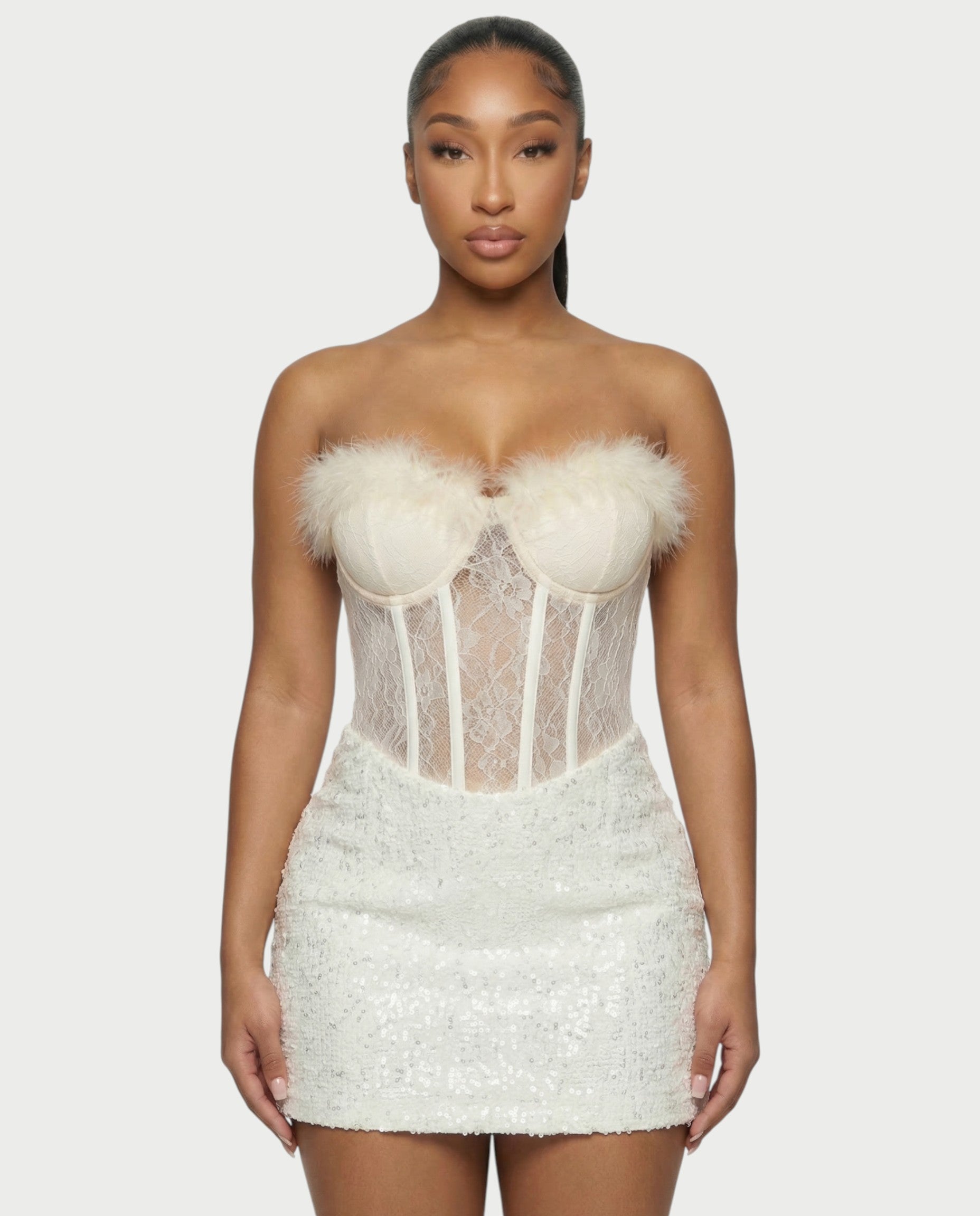 LORNA Feather-Trim Lace Corset Sequin Mini Dress