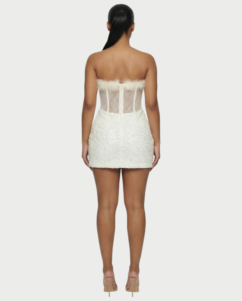 LORNA Feather-Trim Lace Corset Sequin Mini Dress