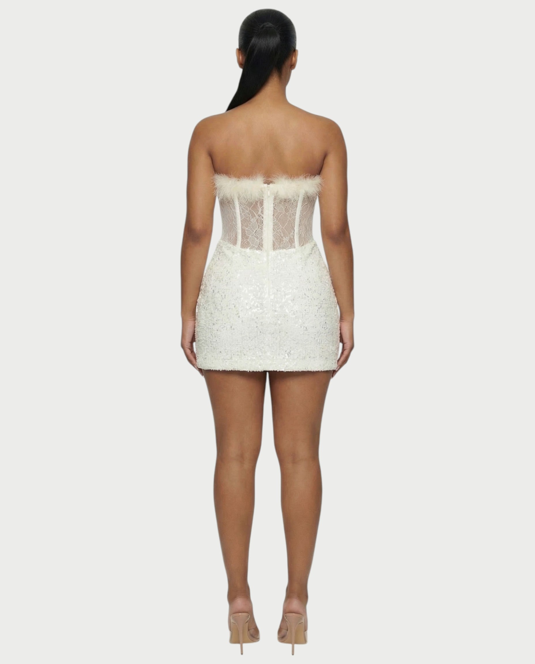 LORNA Feather-Trim Lace Corset Sequin Mini Dress