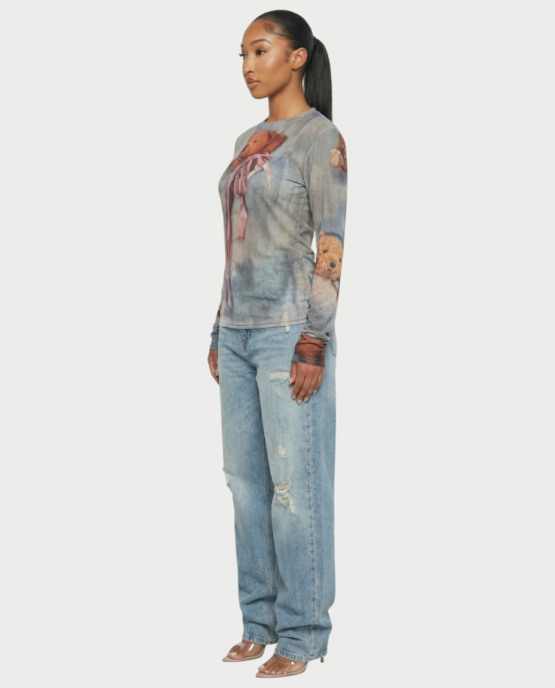 MAURA Vintage Teddy Print Sheer Long Sleeve Top
