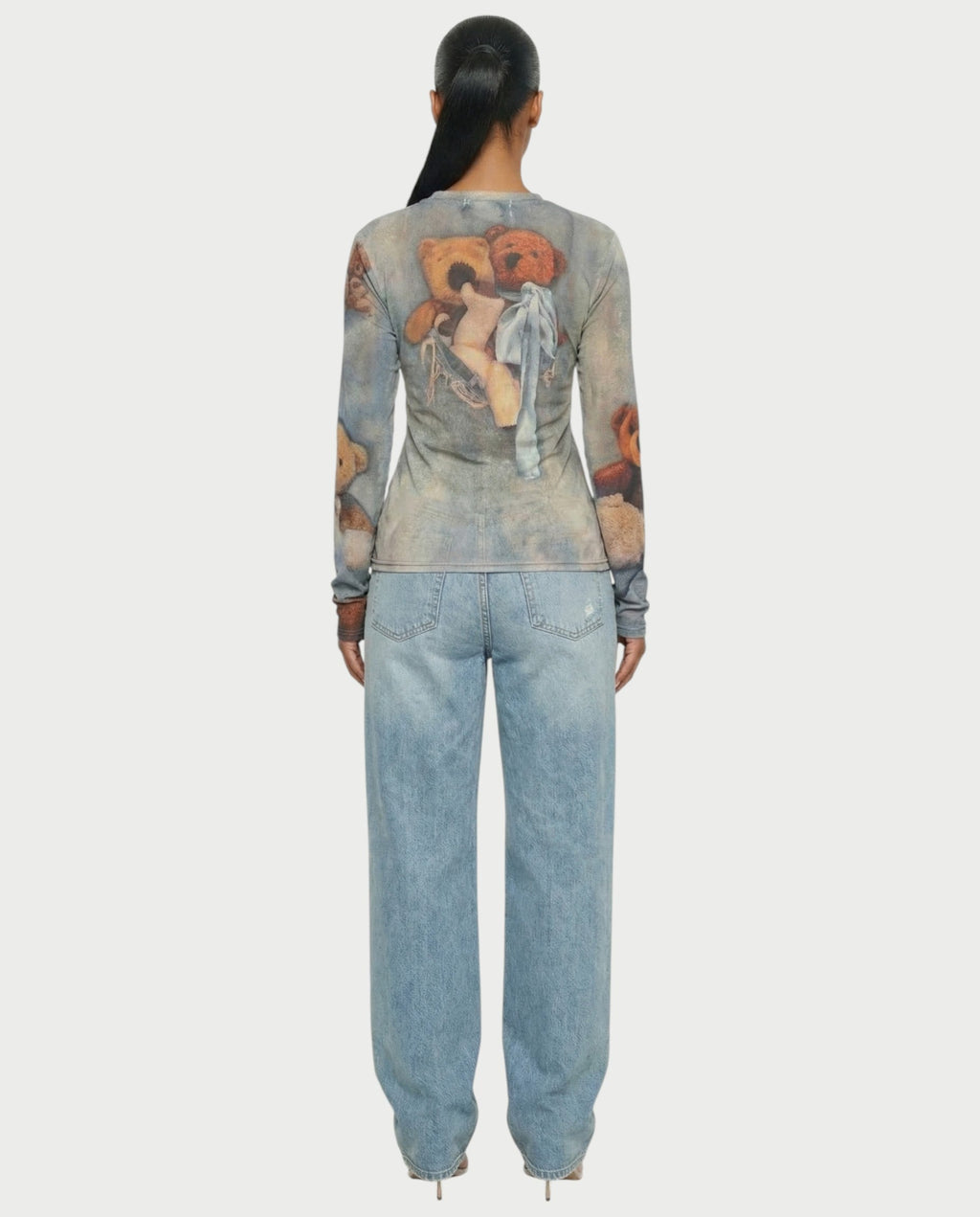 MAURA Vintage Teddy Print Sheer Long Sleeve Top