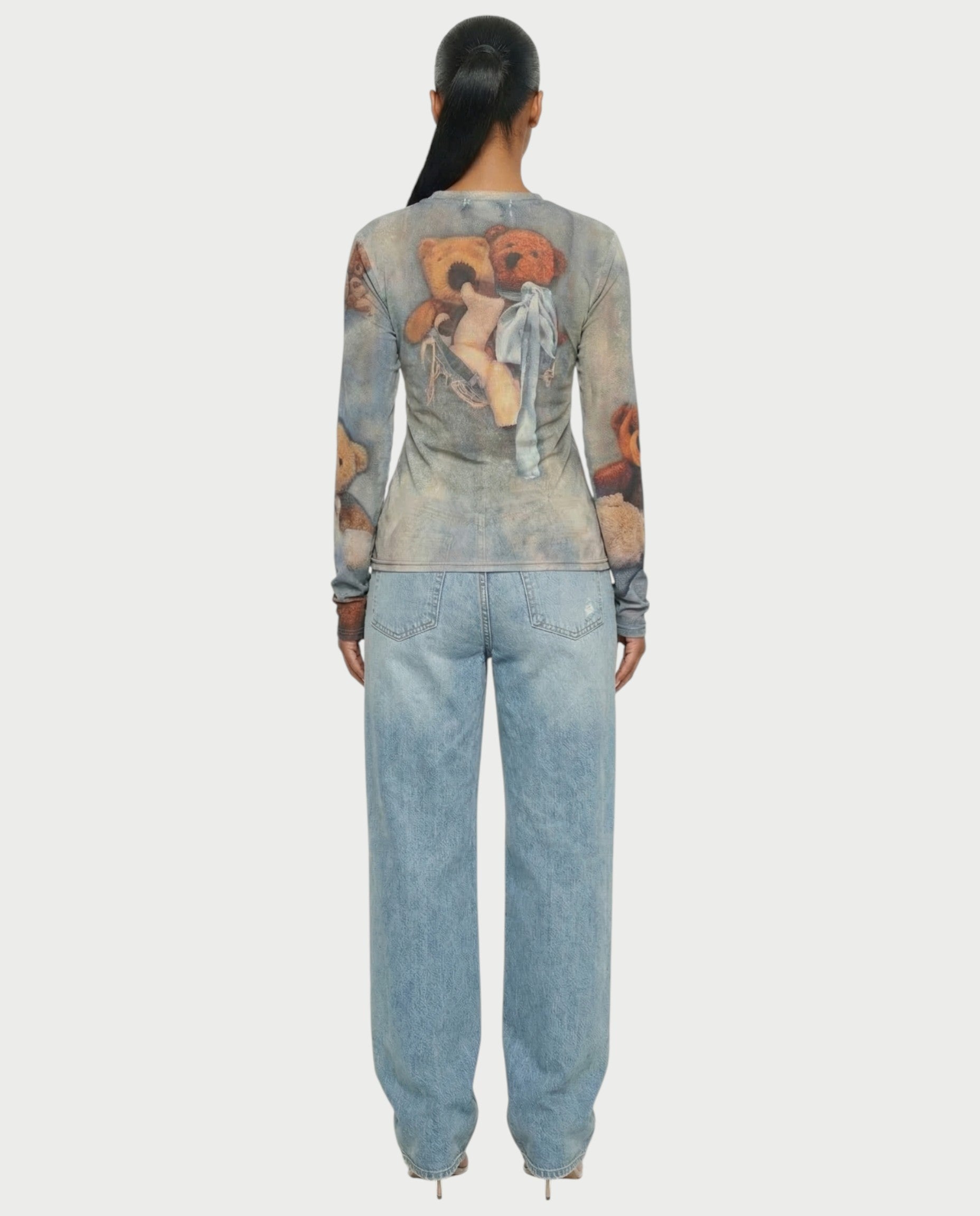 MAURA Vintage Teddy Print Sheer Long Sleeve Top