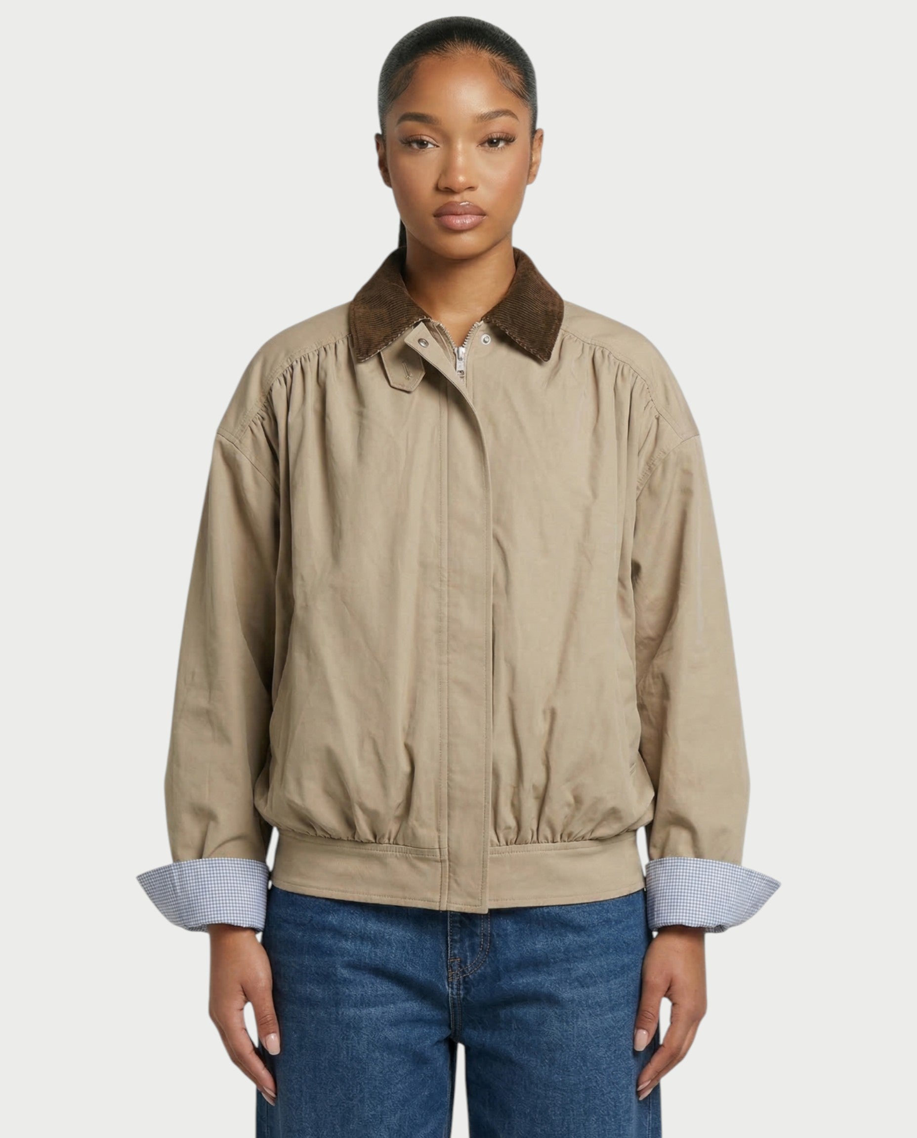 ERIS Corduroy Collar Zip-Up Pleated Jacket