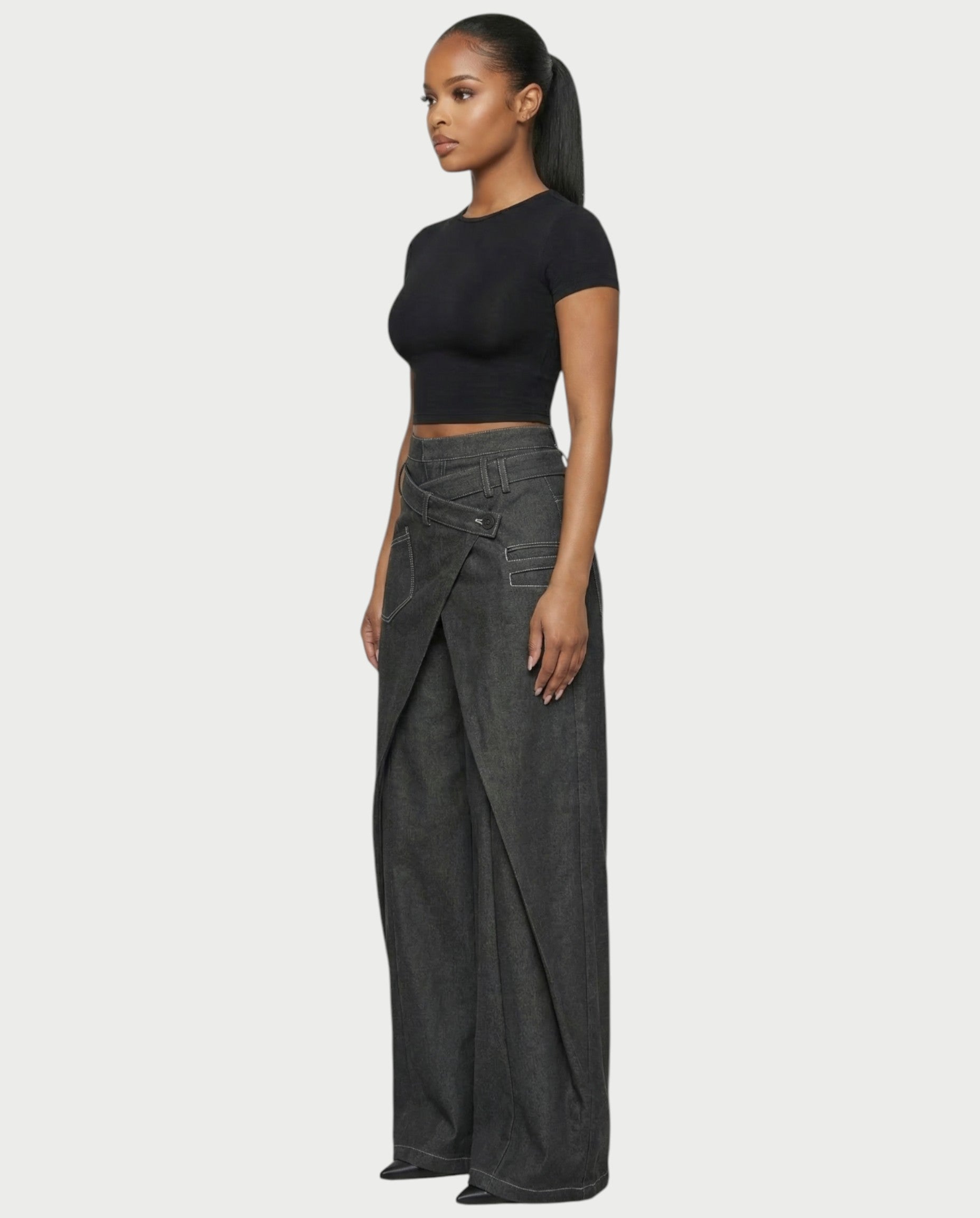 ZAREL Wrap-Waist Layered Wide-Leg Pants