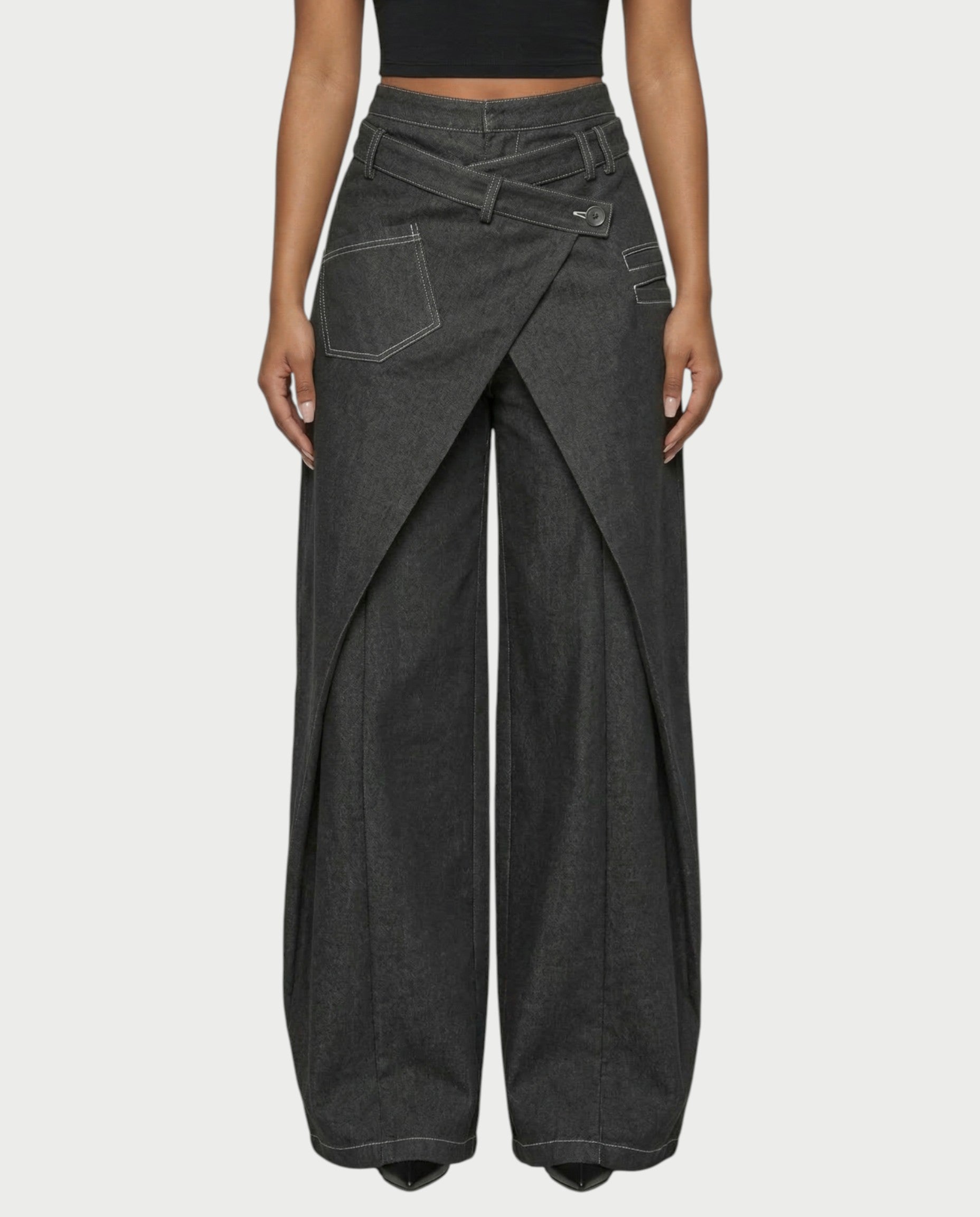 ZAREL Wrap-Waist Layered Wide-Leg Pants