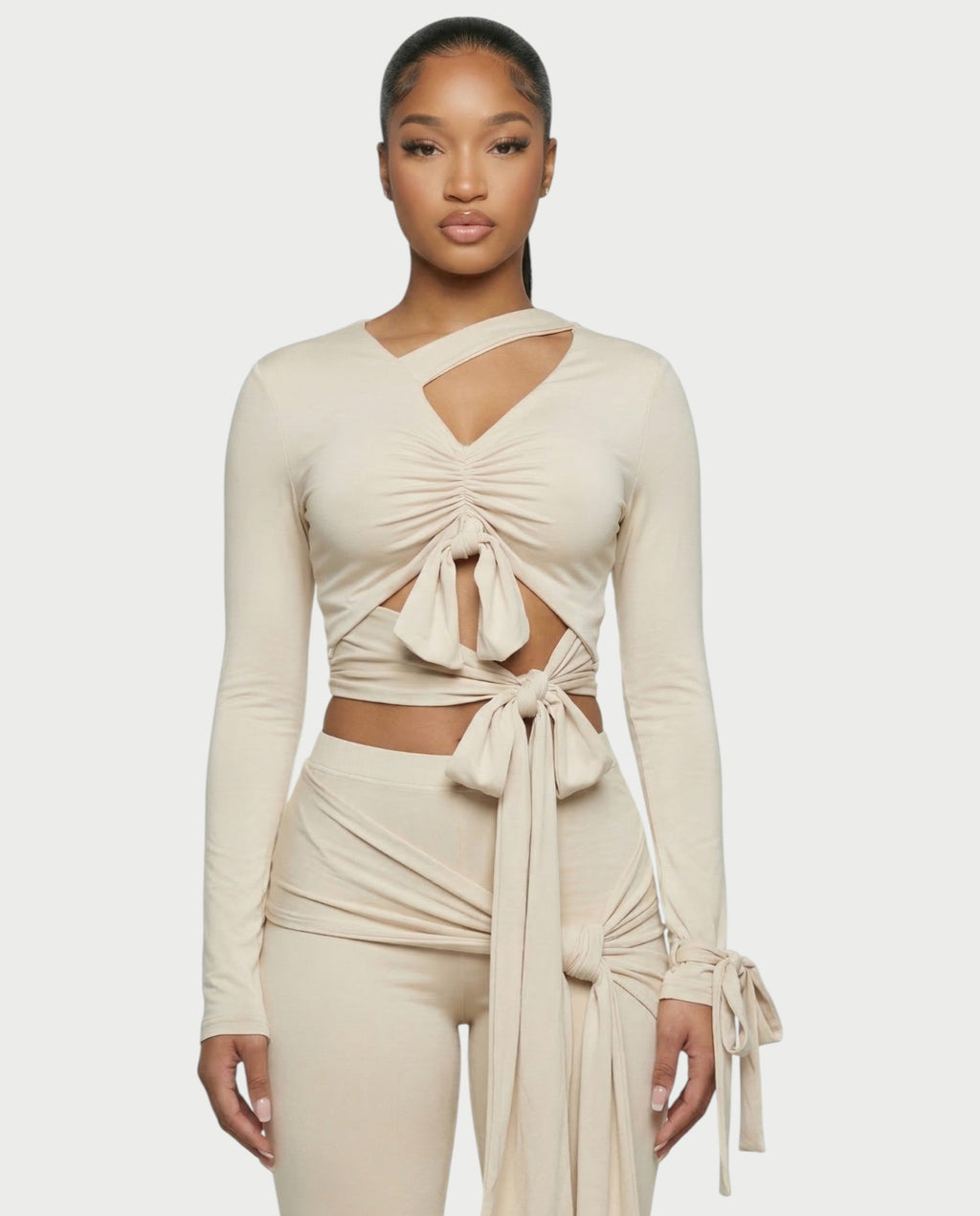 XYLA Ruched Tie-Front Top & Flare Pants Set