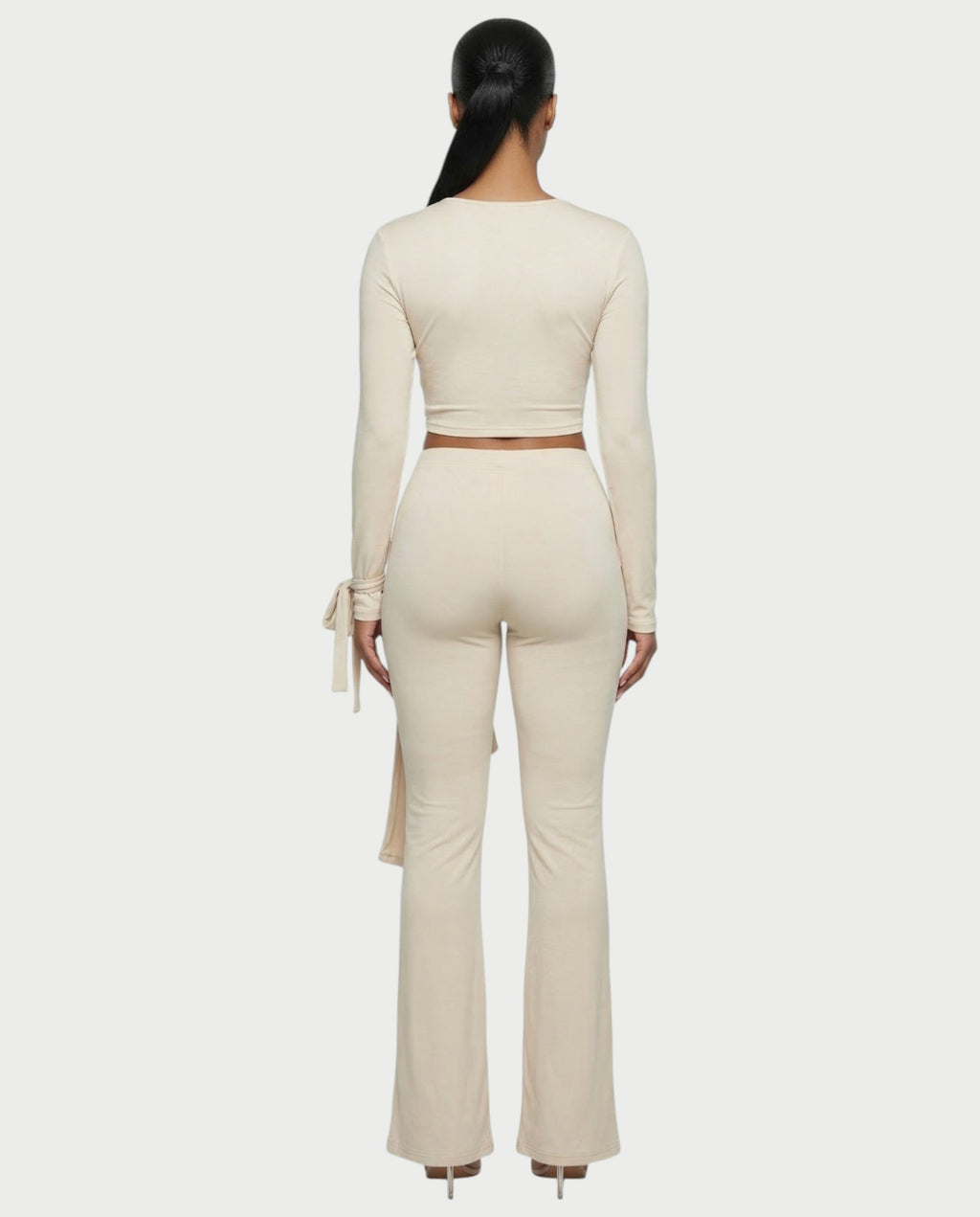 XYLA Ruched Tie-Front Top & Flare Pants Set