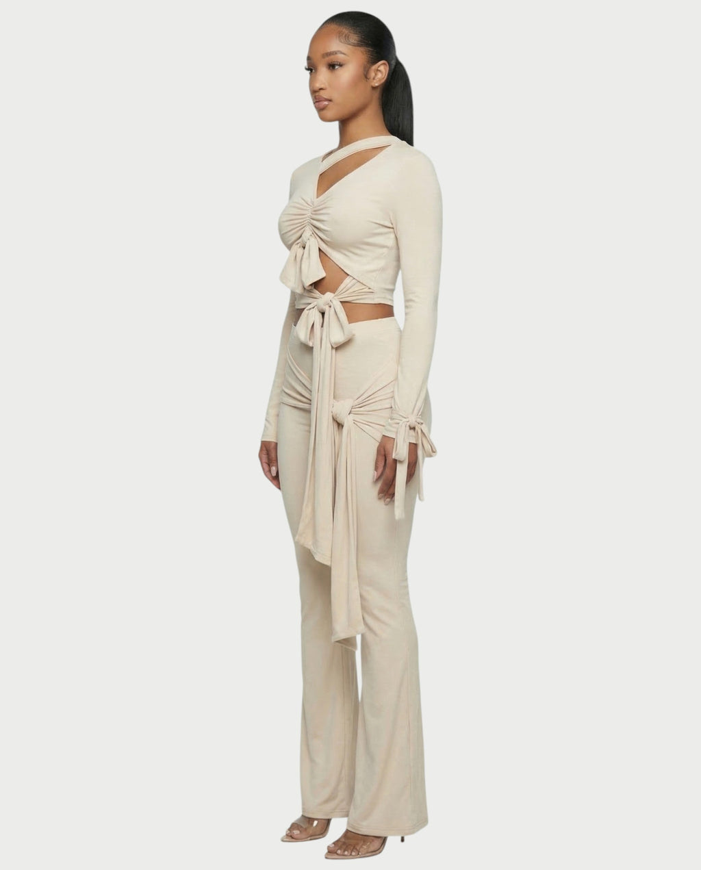 XYLA Ruched Tie-Front Top & Flare Pants Set