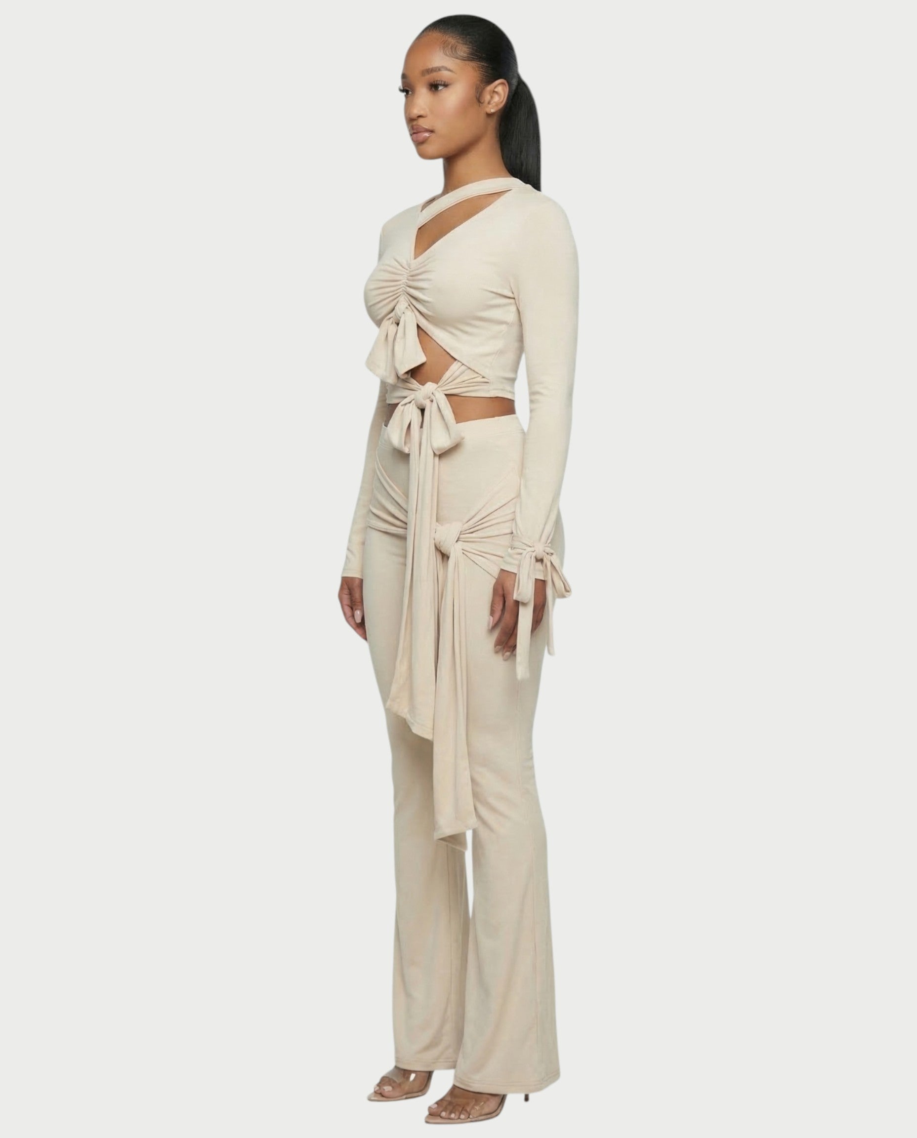 XYLA Ruched Tie-Front Top & Flare Pants Set