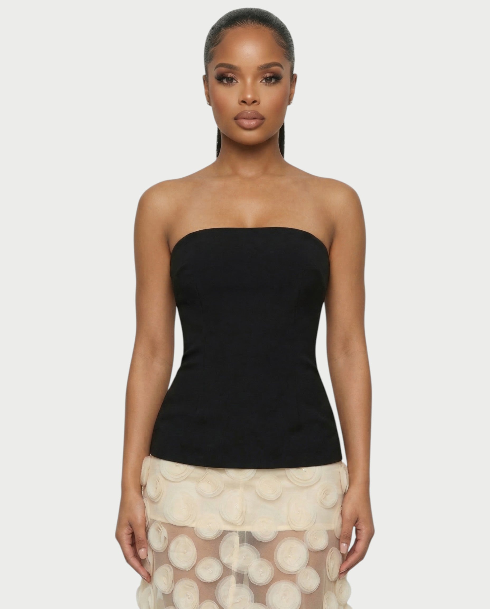 FAUNA Strapless Sheer Appliqué Maxi Dress